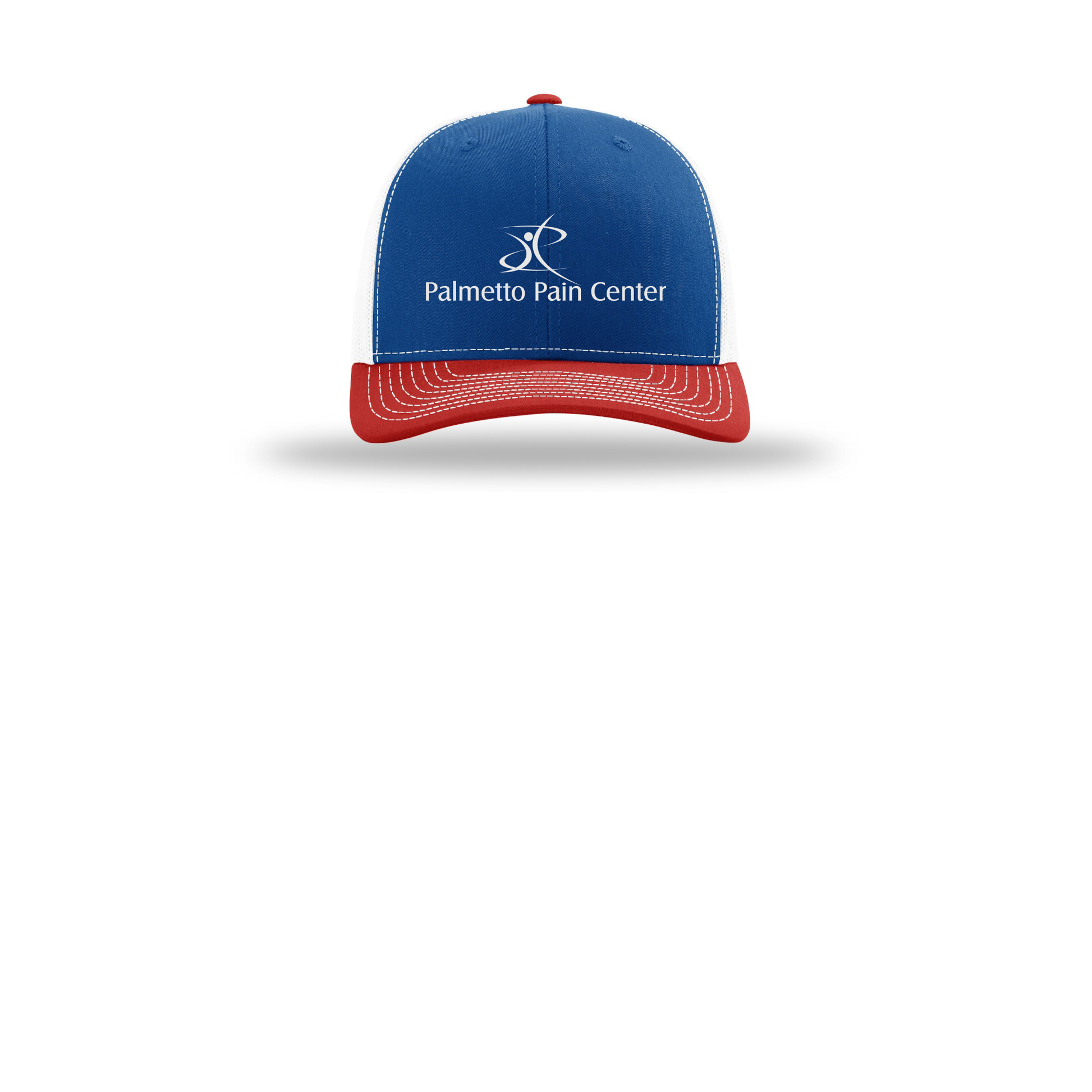 palmetto-pain-center-richardson-trucker-cap-embroidery-capfront-R112-royalwhitered-flat-front