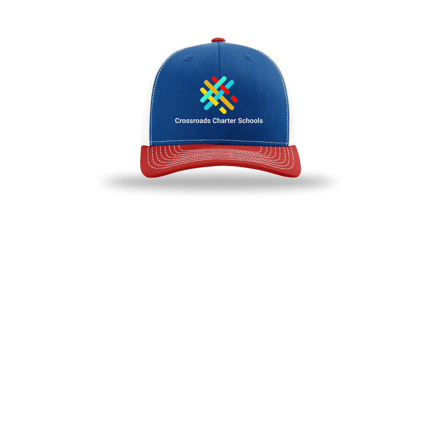 crossroadsschoolskc-richardson-trucker-cap-embroidery-capfront-R112-royalwhitered-flat-front
