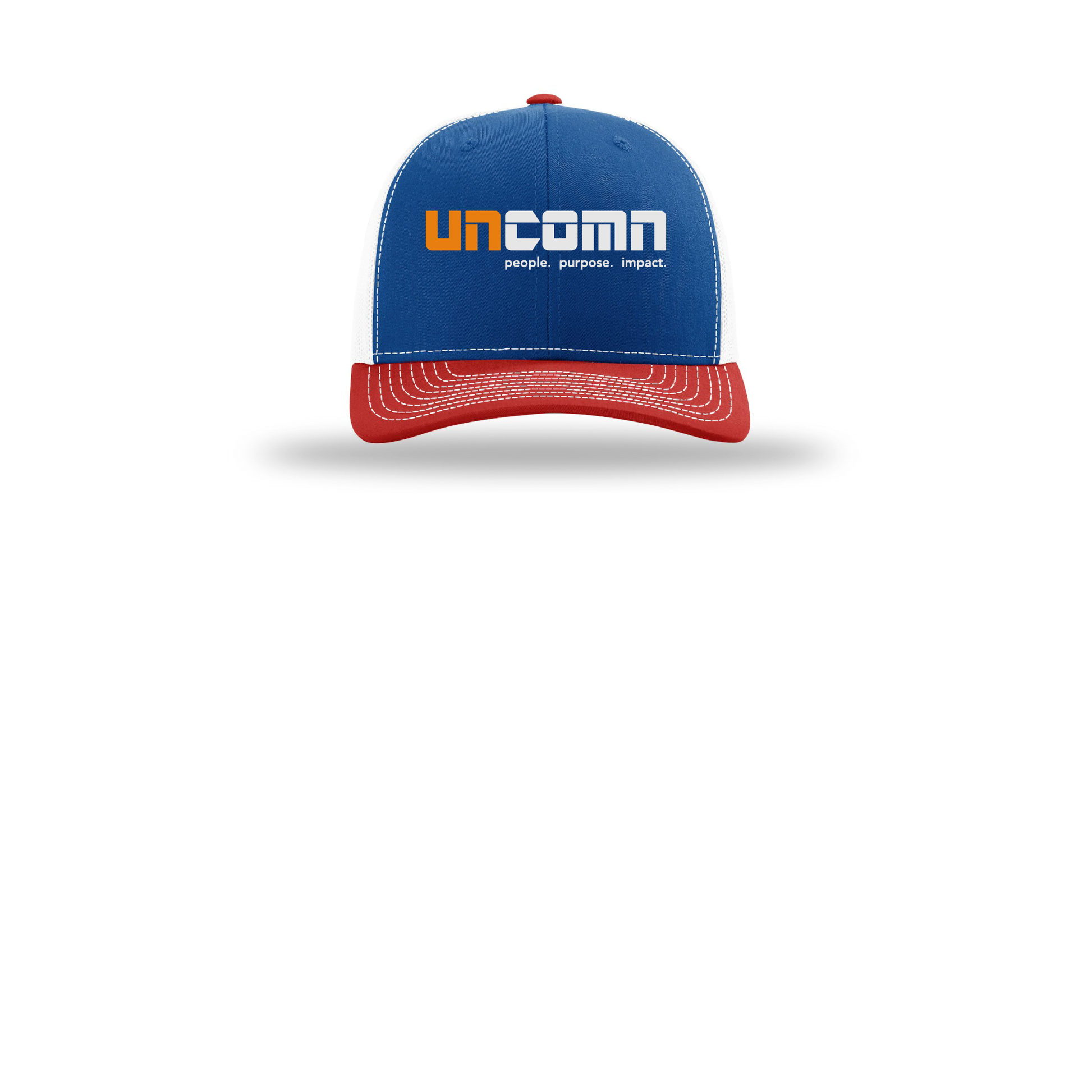 uncomn-richardson-trucker-cap-embroidery-capfront-R112-royalwhitered-flat-front