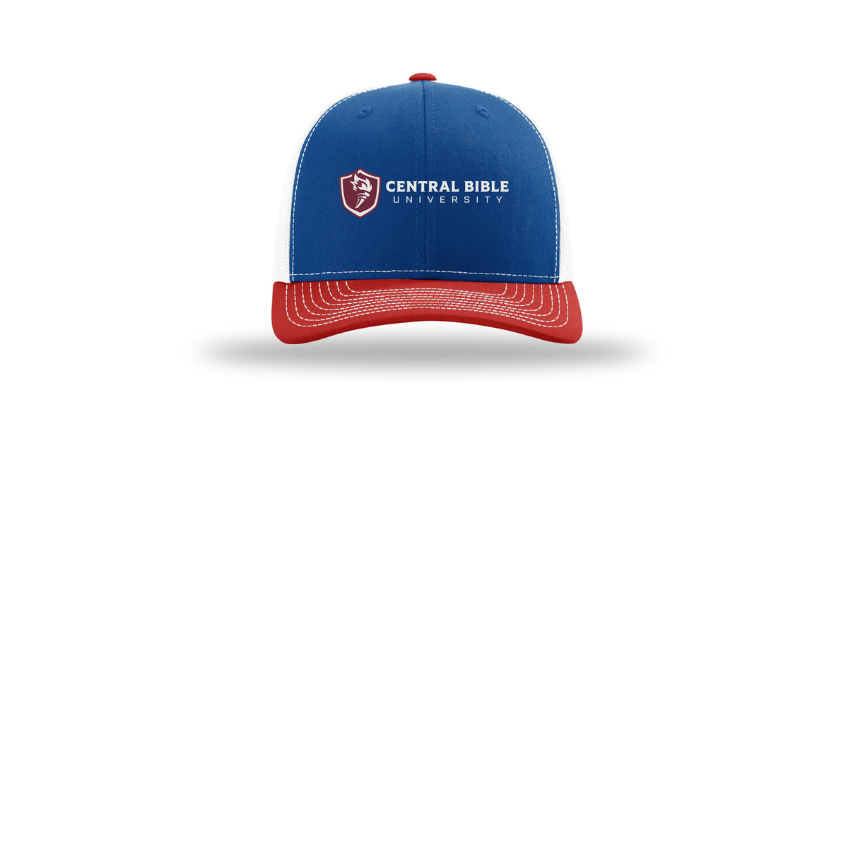 centralbible-richardson-trucker-cap-embroidery-capfront-R112-royalwhitered-flat-front