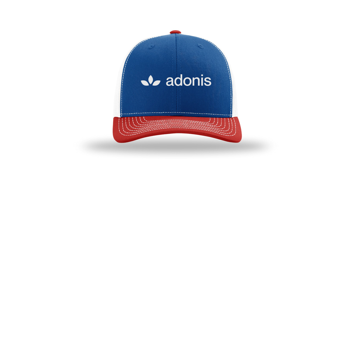 adonis-richardson-trucker-cap-embroidery-capfront-R112-royalwhitered-flat-front
