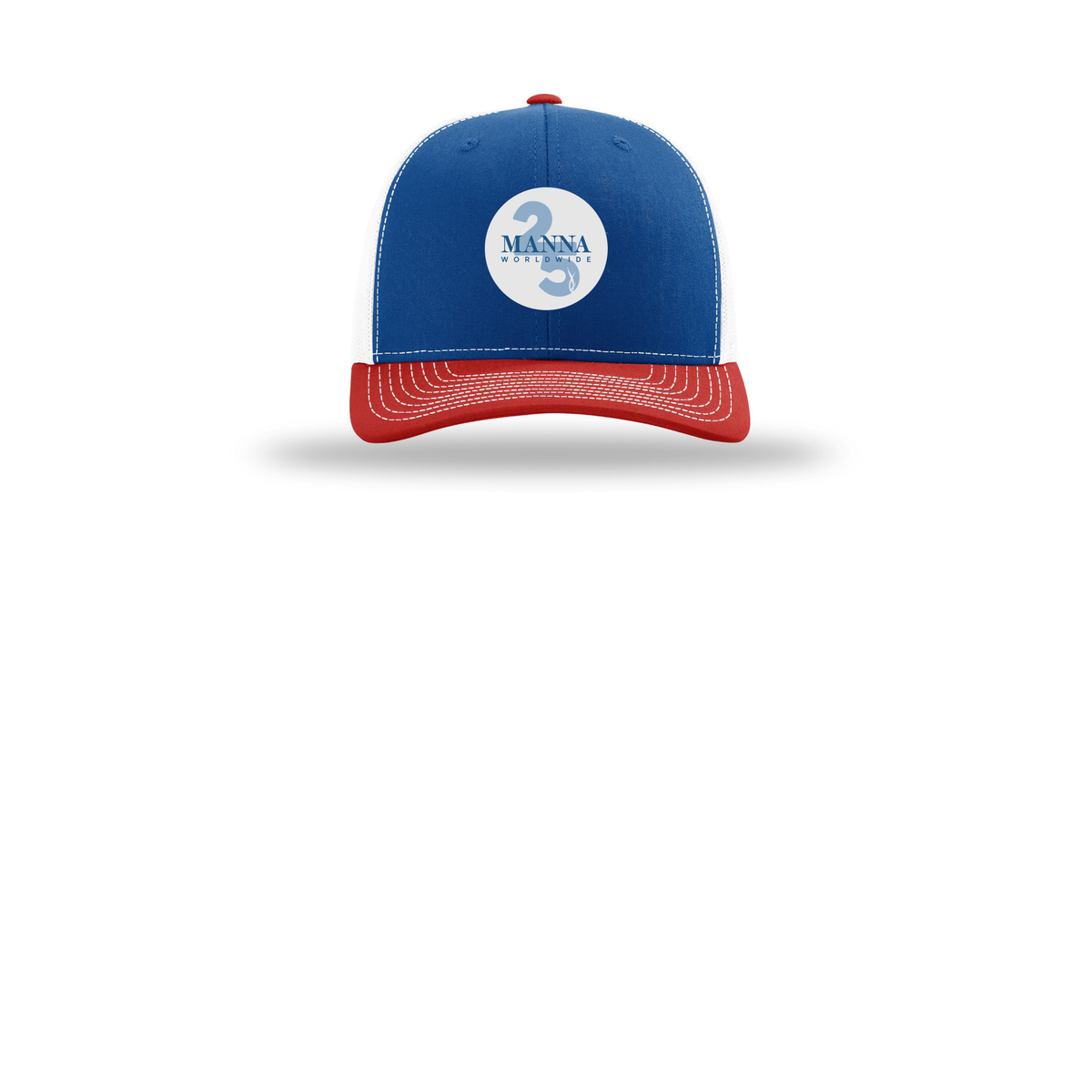 mannaworldwide-richardson-trucker-cap-embroidery-capfront-R112-royalwhitered-flat-front
