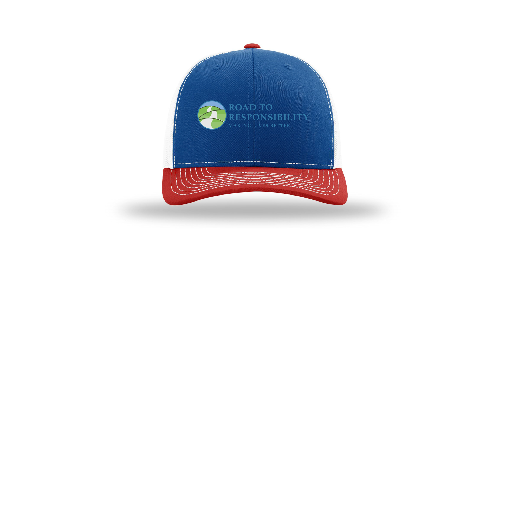 roadtoresponsibility-richardson-trucker-cap-embroidery-capfront-R112-royalwhitered-flat-front