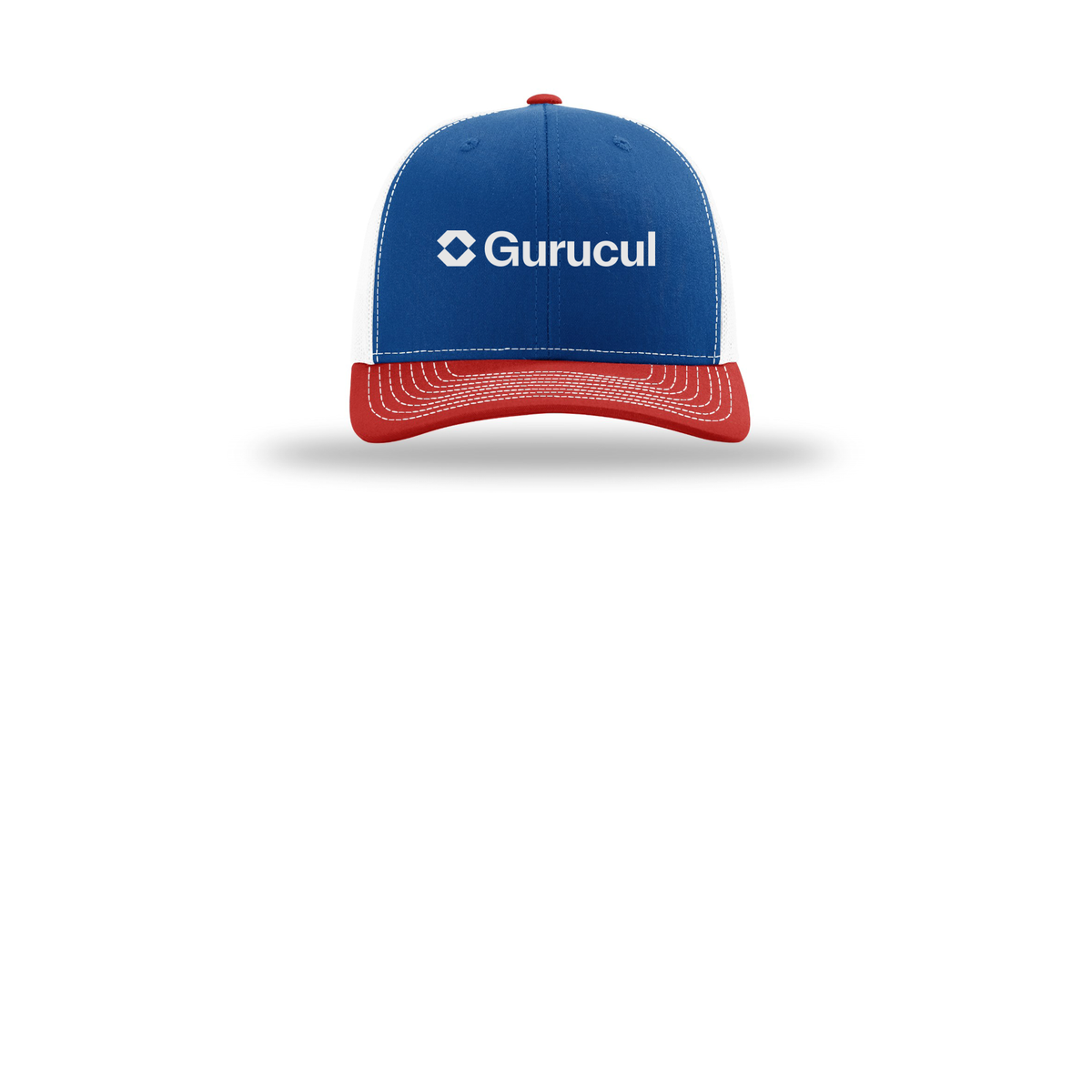 gurucul-richardson-trucker-cap-embroidery-capfront-R112-royalwhitered-flat-front