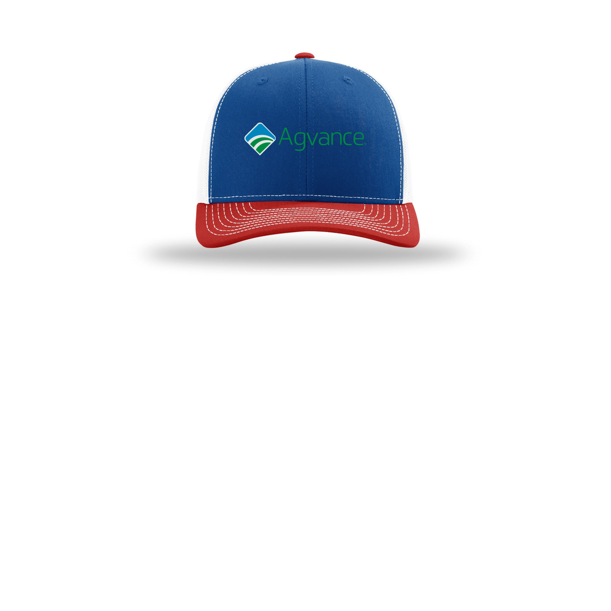 agvance-richardson-trucker-cap-embroidery-capfront-R112-royalwhitered-flat-front
