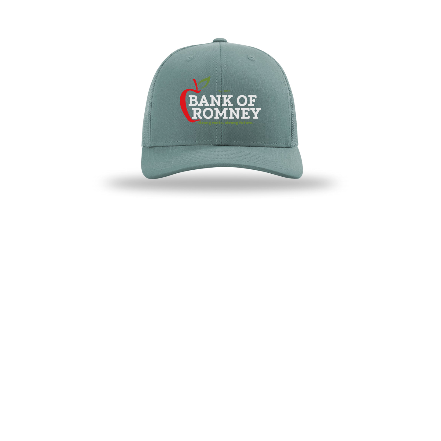 bankofromney-richardson-trucker-cap-embroidery-capfront-R112-smokeblue-flat-front