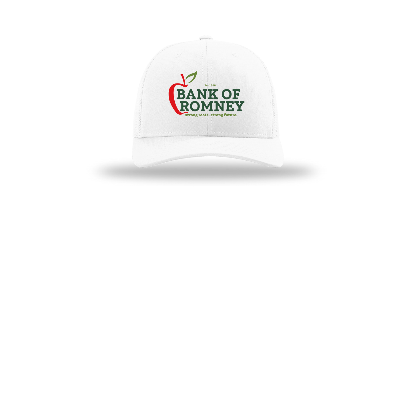 bankofromney-richardson-trucker-cap-embroidery-capfront-R112-white-flat-front