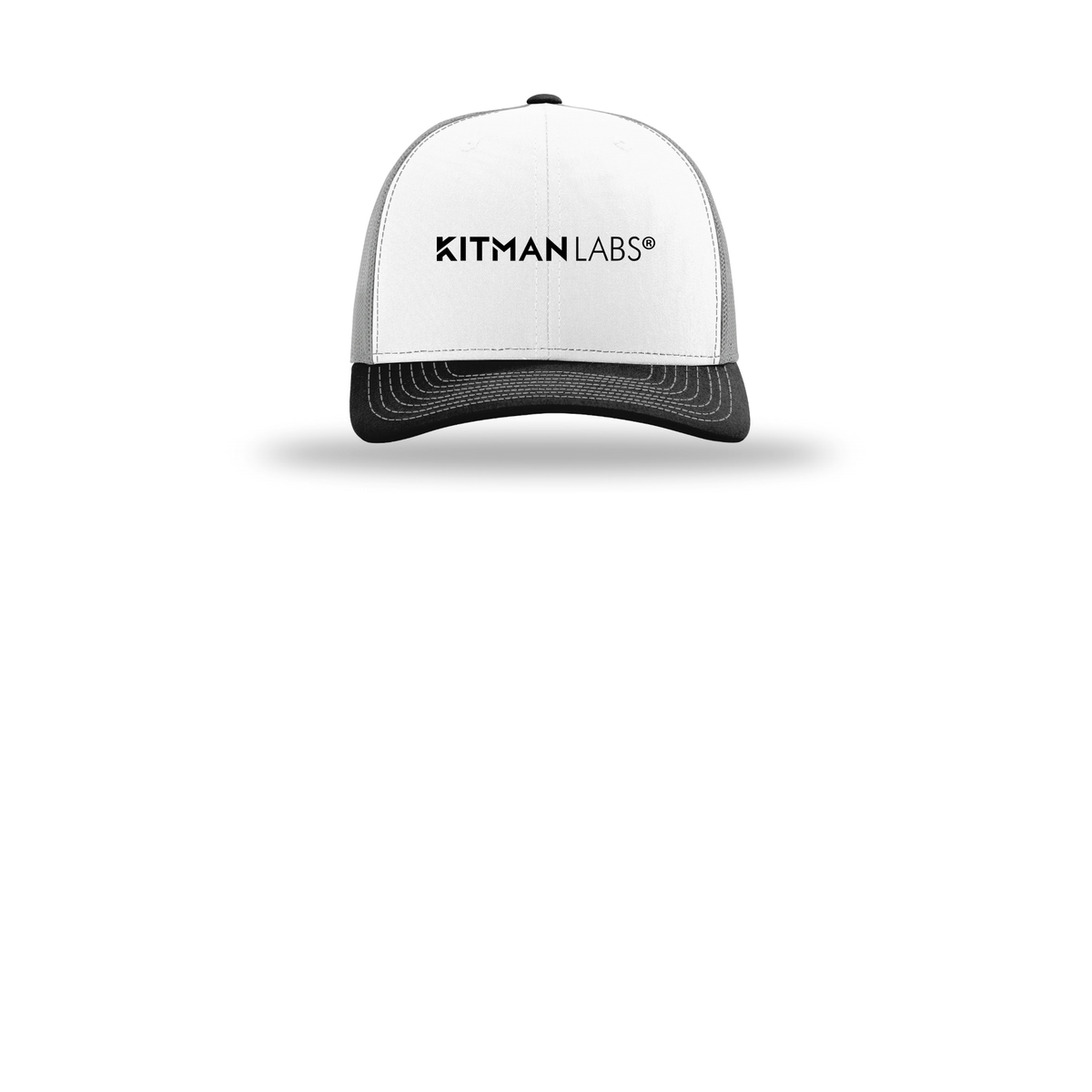 kitmanlabs-richardson-trucker-cap-embroidery-capfront-R112-whitealuminumblack-flat-front