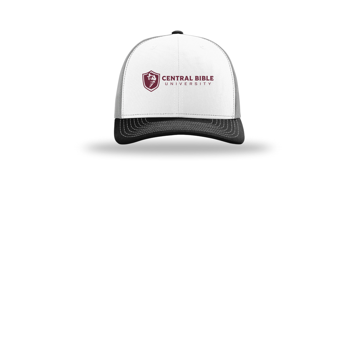 centralbible-richardson-trucker-cap-embroidery-capfront-R112-whitealuminumblack-flat-front