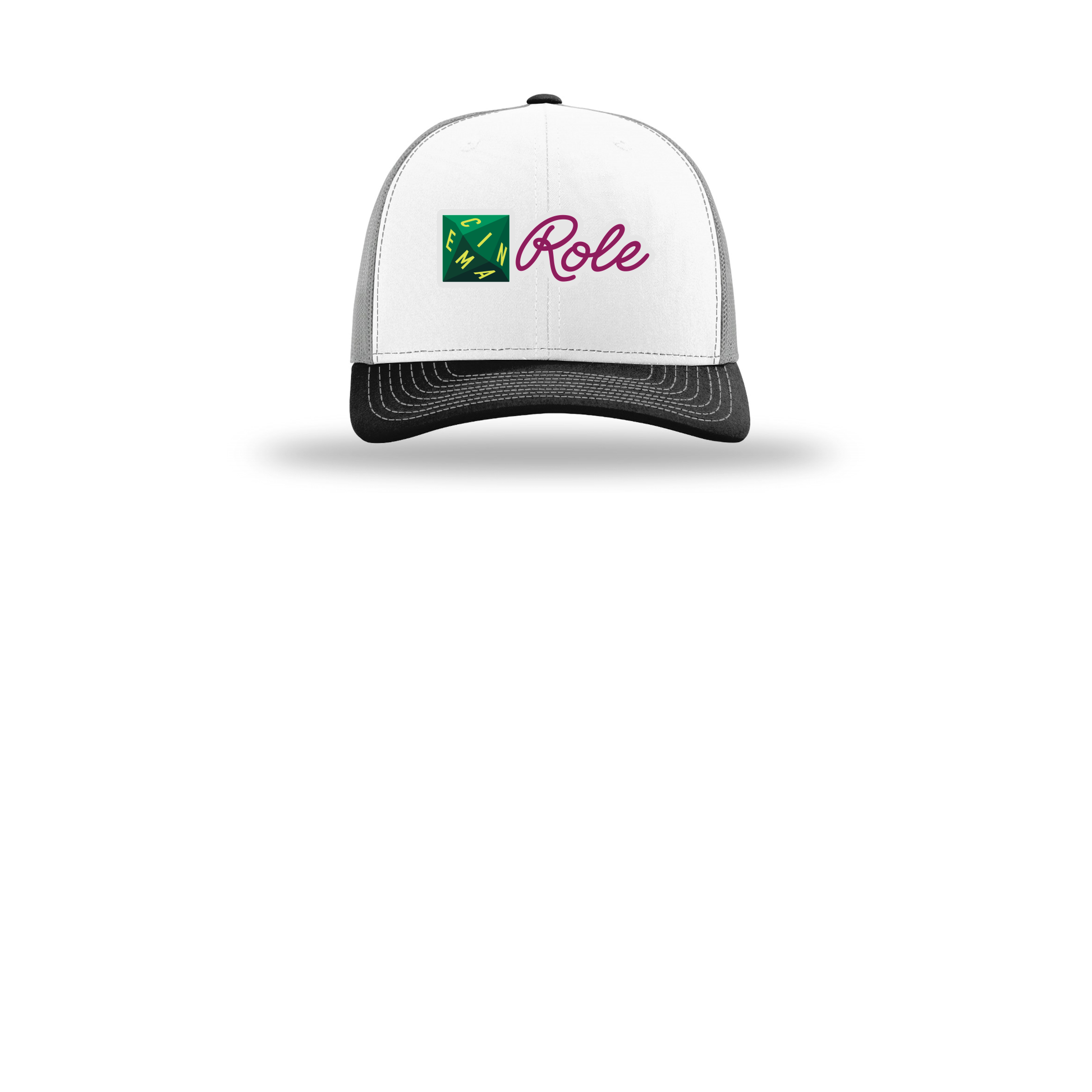 cinemarole-richardson-trucker-cap-embroidery-capfront-R112-whitealuminumblack-flat-front
