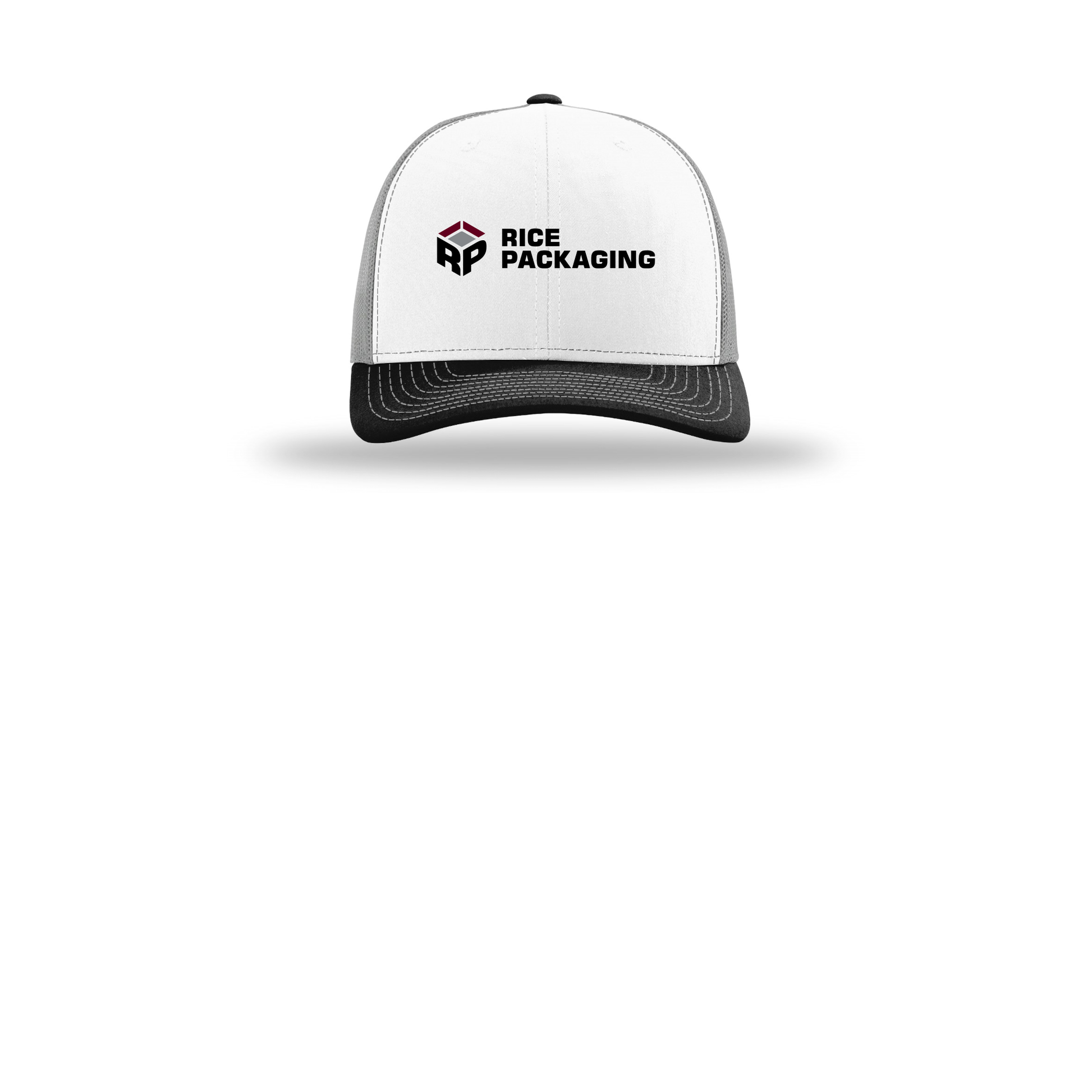 ricepackaging-richardson-trucker-cap-embroidery-capfront-R112-whitealuminumblack-flat-front