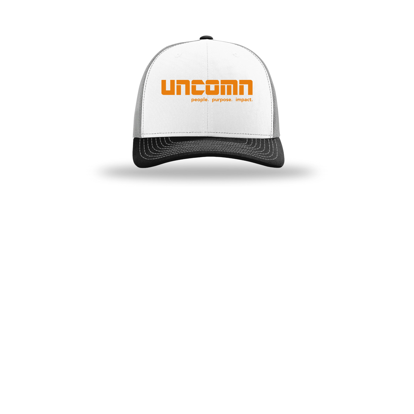 uncomn-richardson-trucker-cap-embroidery-capfront-R112-whitealuminumblack-flat-front