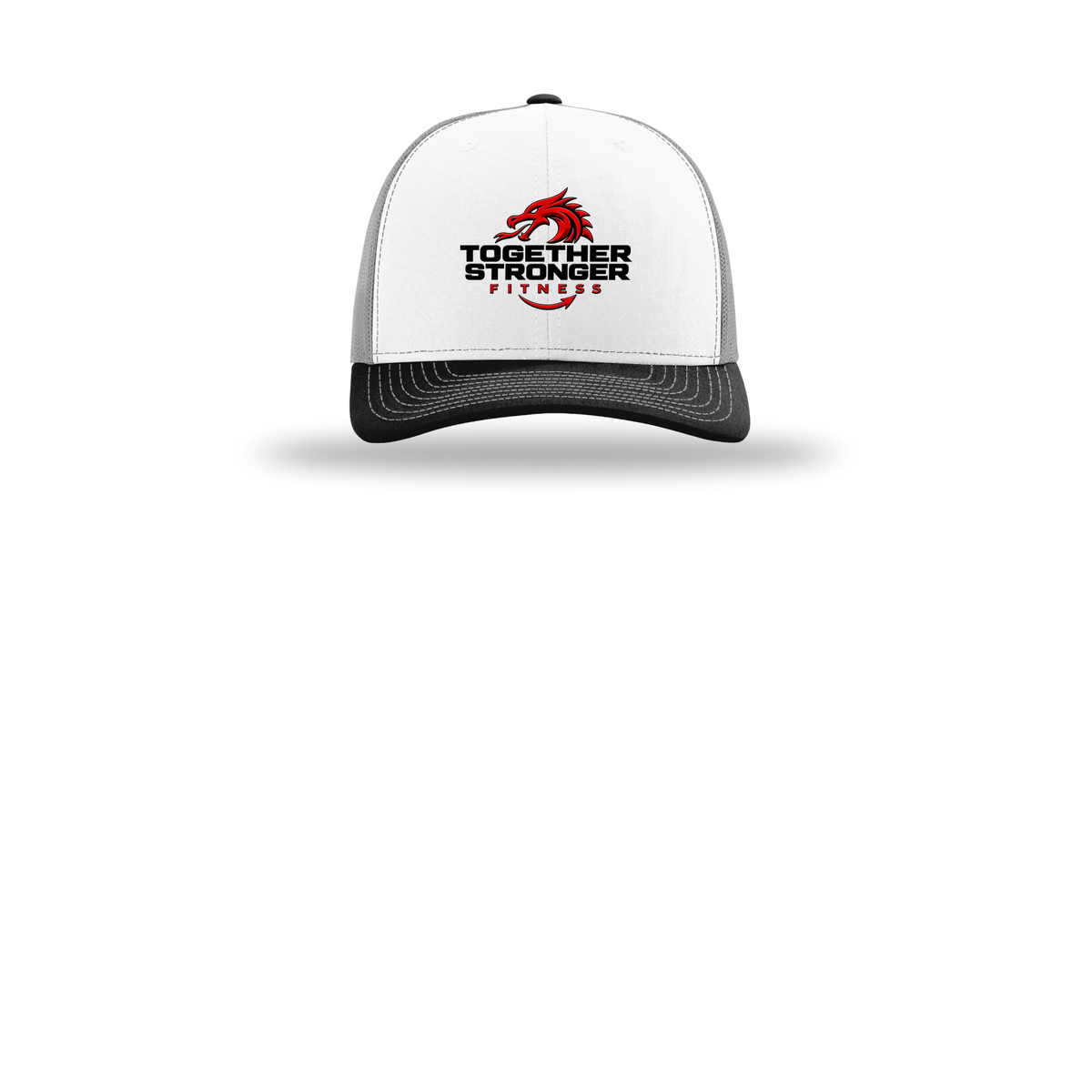 togetherstrongerfitness-richardson-trucker-cap-embroidery-capfront-R112-whitealuminumblack-flat-front