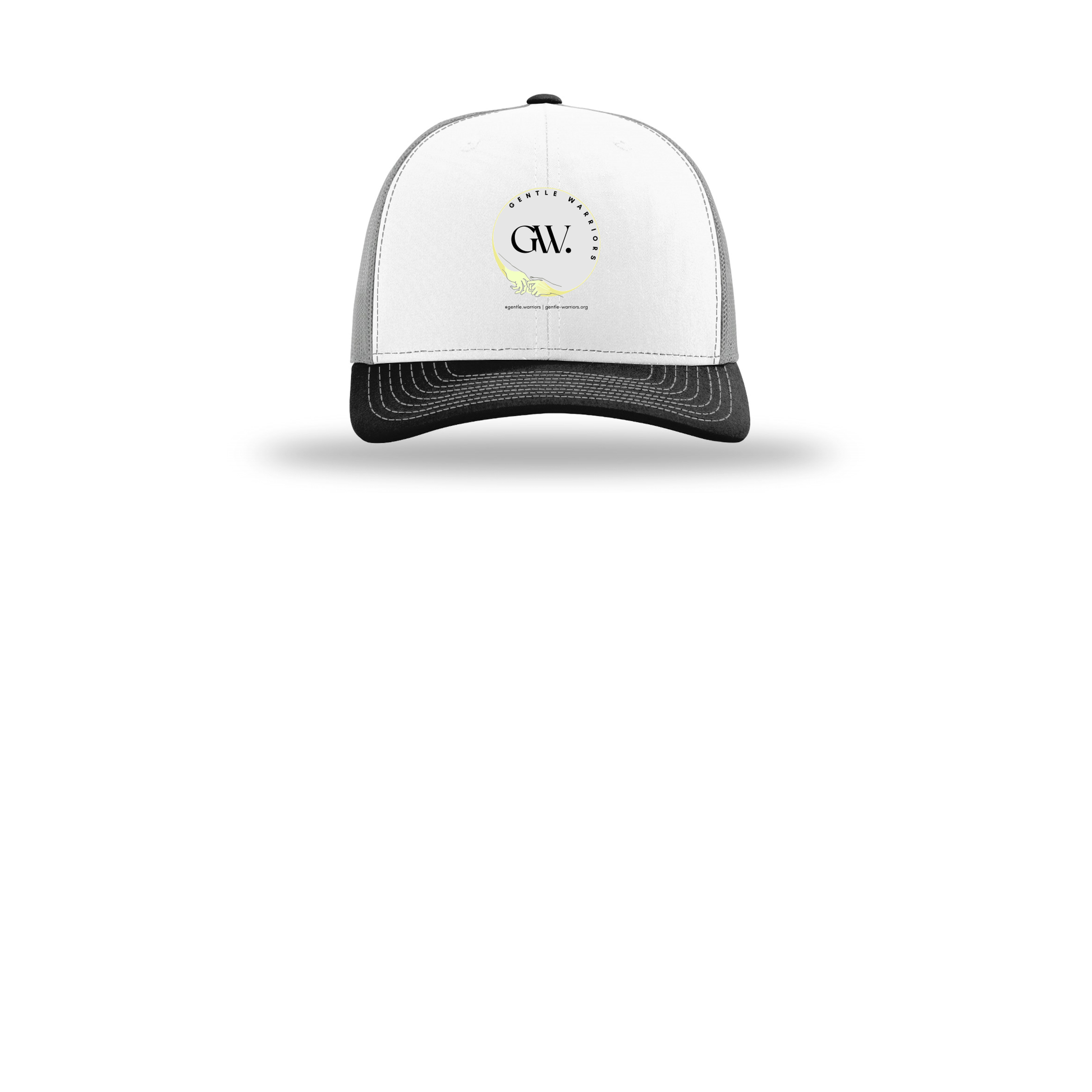 gentle-warriors-richardson-trucker-cap-embroidery-capfront-R112-whitealuminumblack-flat-front