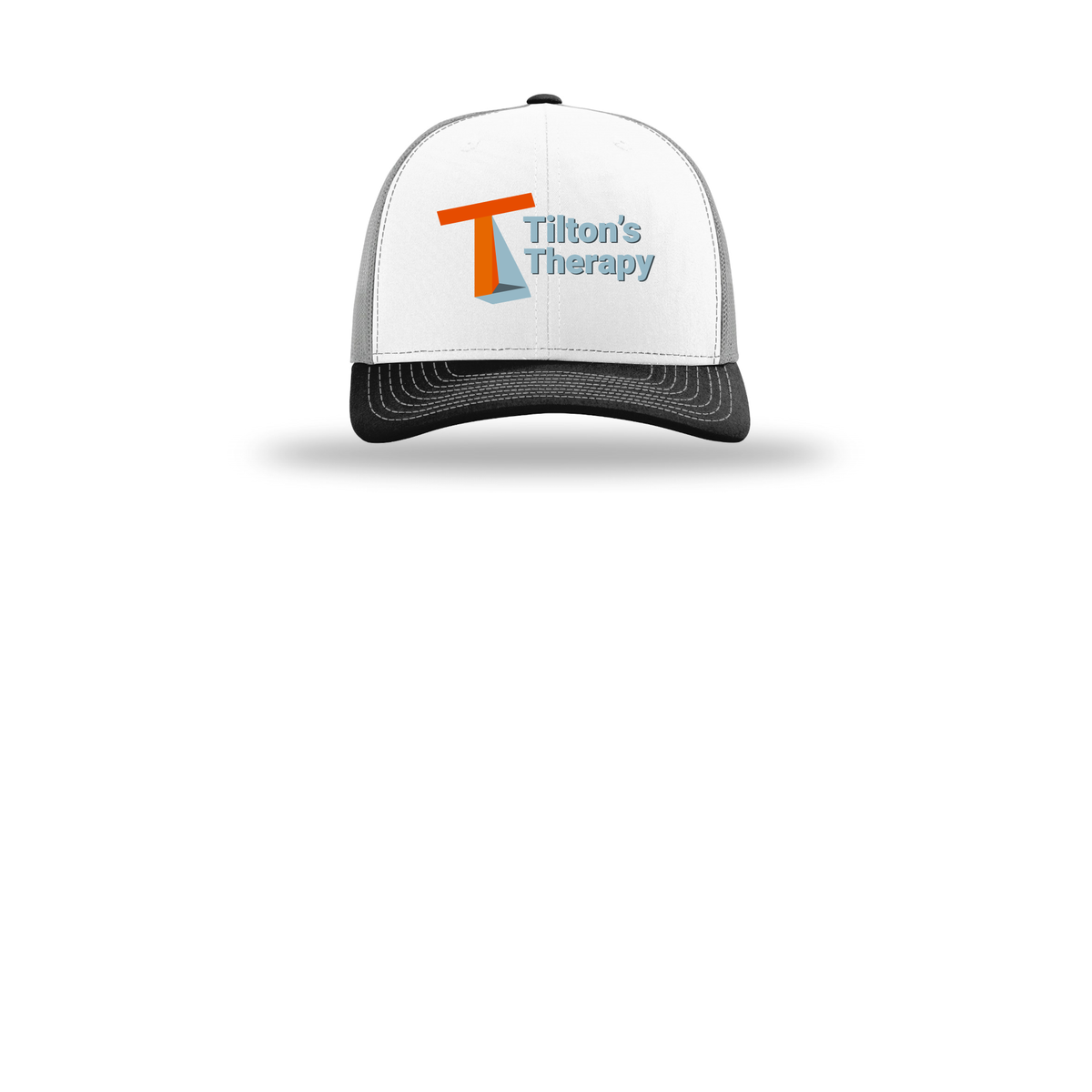 tiltonstherapy-richardson-trucker-cap-embroidery-capfront-R112-whitealuminumblack-flat-front