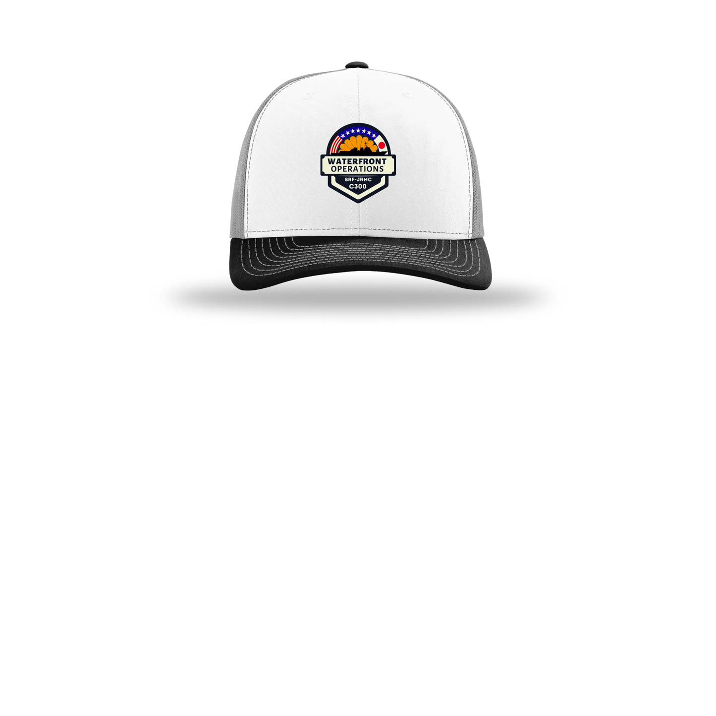 waterfront-operations-retro-trucker-cap-embroidery-capfront-R112-whitealuminumblack-flat-front