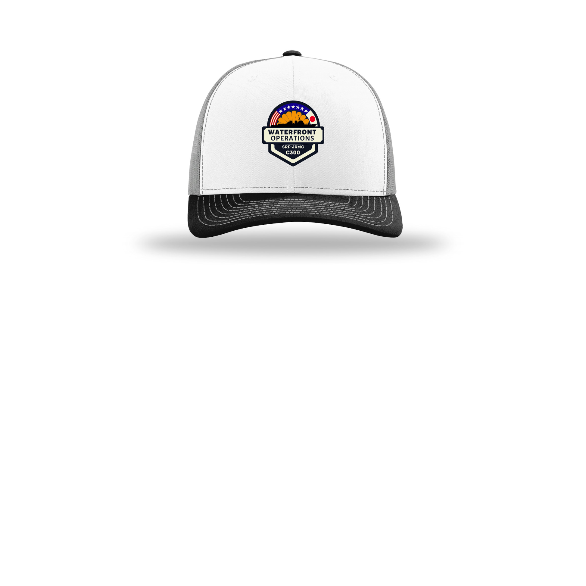 waterfront-operations-retro-trucker-cap-embroidery-capfront-R112-whitealuminumblack-flat-front