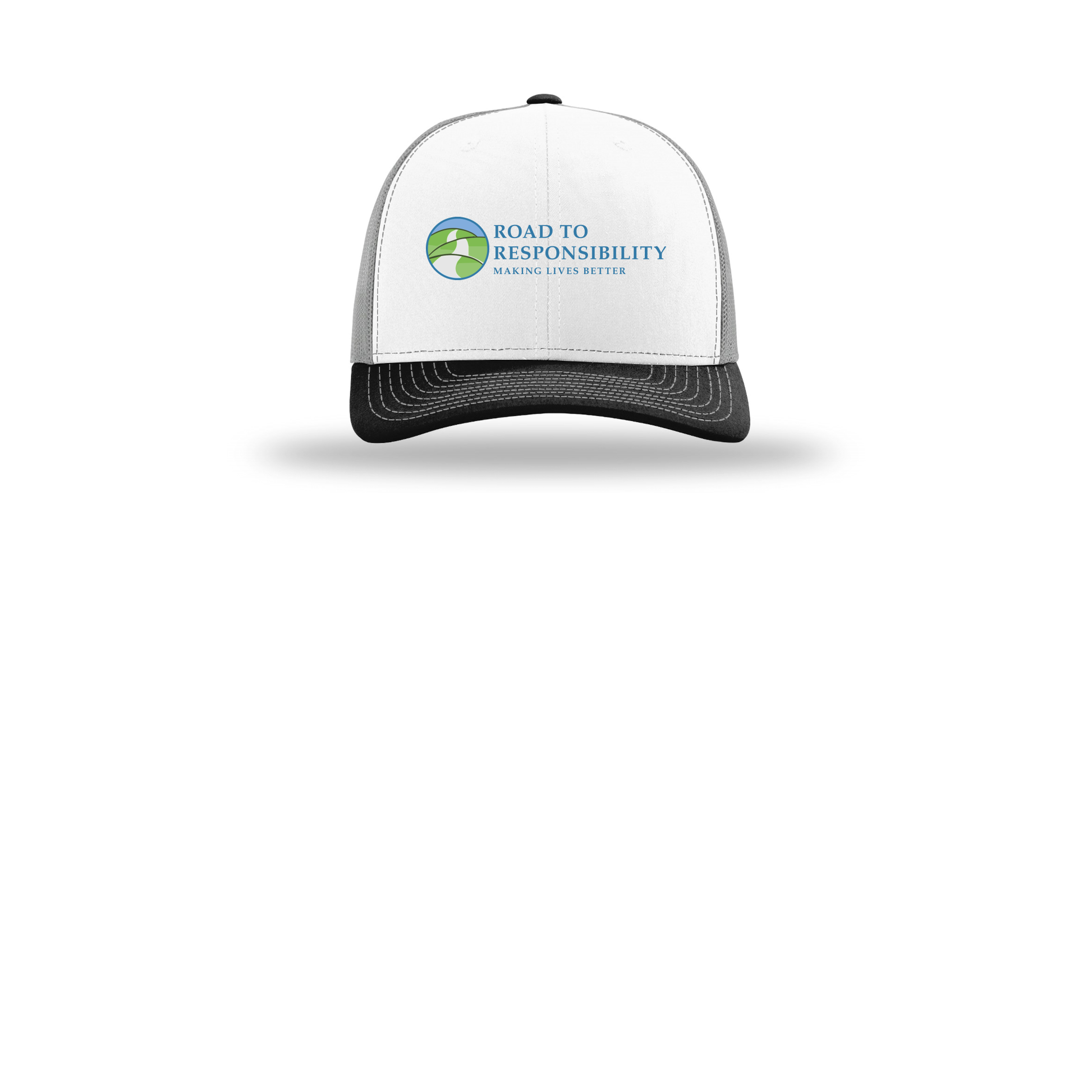 roadtoresponsibility-richardson-trucker-cap-embroidery-capfront-R112-whitealuminumblack-flat-front