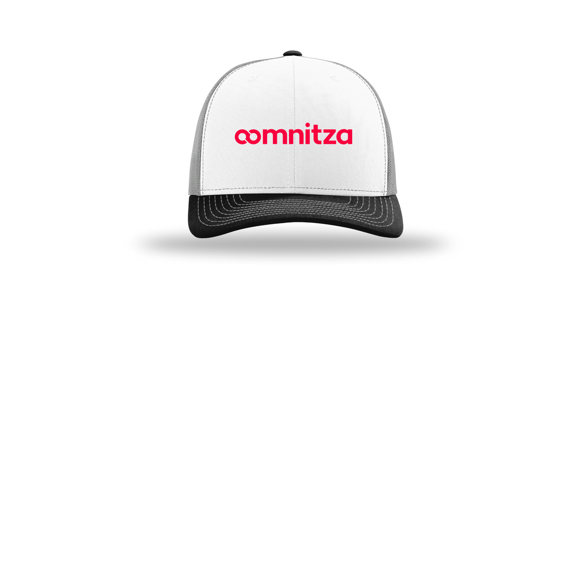 oomnitza-richardson-trucker-cap-embroidery-capfront-R112-whitealuminumblack-flat-front