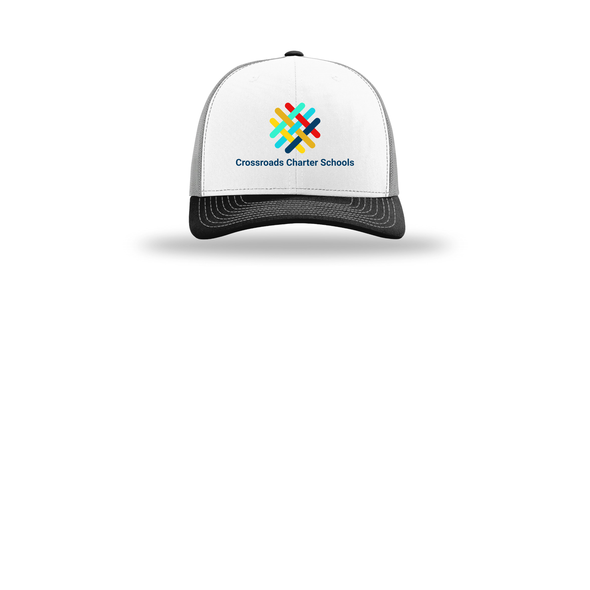 crossroadsschoolskc-richardson-trucker-cap-embroidery-capfront-R112-whitealuminumblack-flat-front