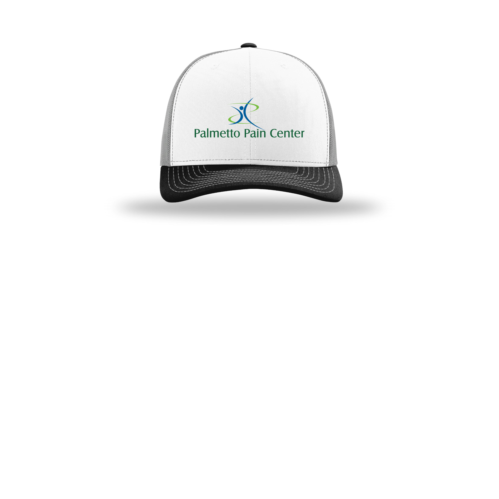 palmetto-pain-center-richardson-trucker-cap-embroidery-capfront-R112-whitealuminumblack-flat-front