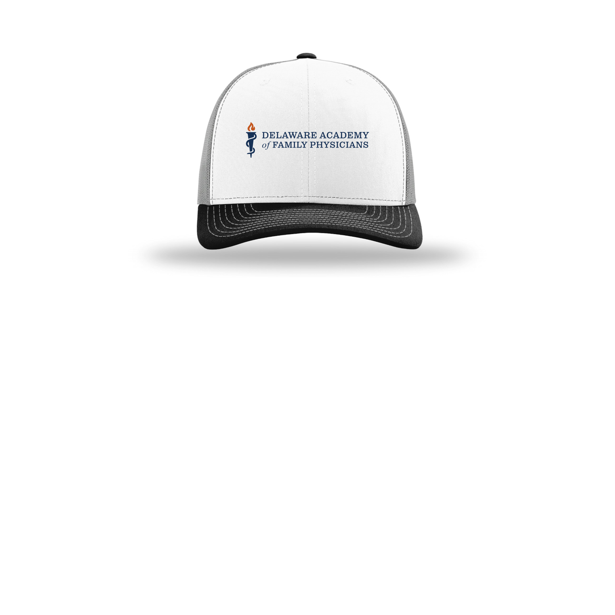 delfamdoc-richardson-trucker-cap-embroidery-capfront-R112-whitealuminumblack-flat-front