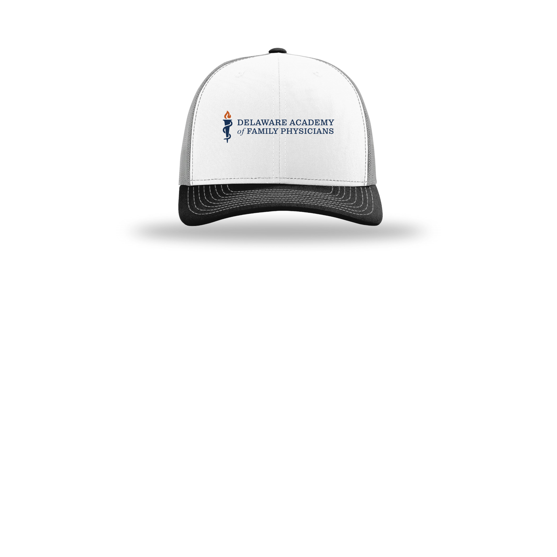 delfamdoc-richardson-trucker-cap-embroidery-capfront-R112-whitealuminumblack-flat-front