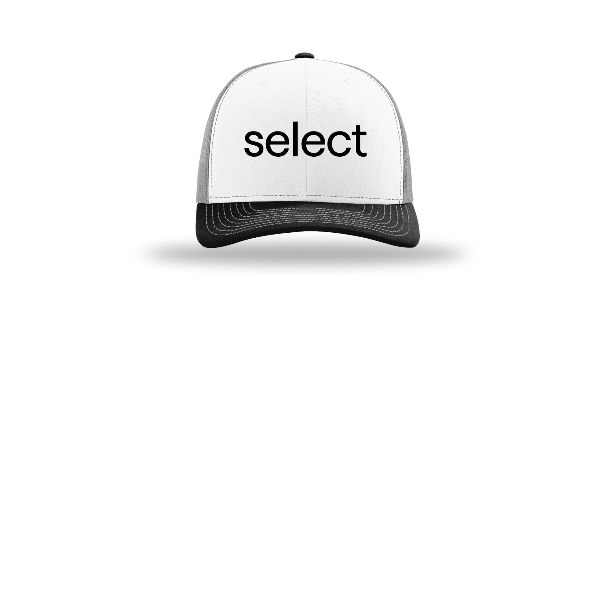 meetselect-richardson-trucker-cap-embroidery-capfront-R112-whitealuminumblack-flat-front