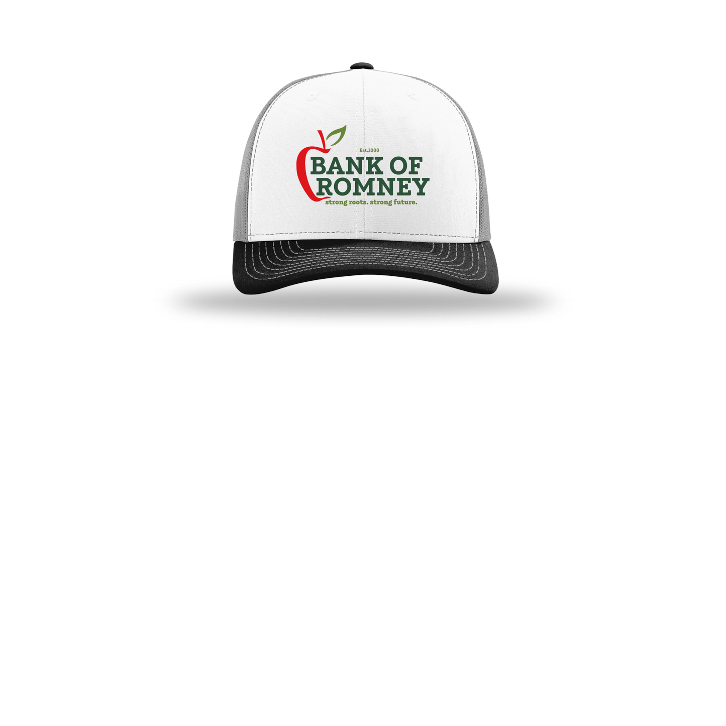 bankofromney-richardson-trucker-cap-embroidery-capfront-R112-whitealuminumblack-flat-front