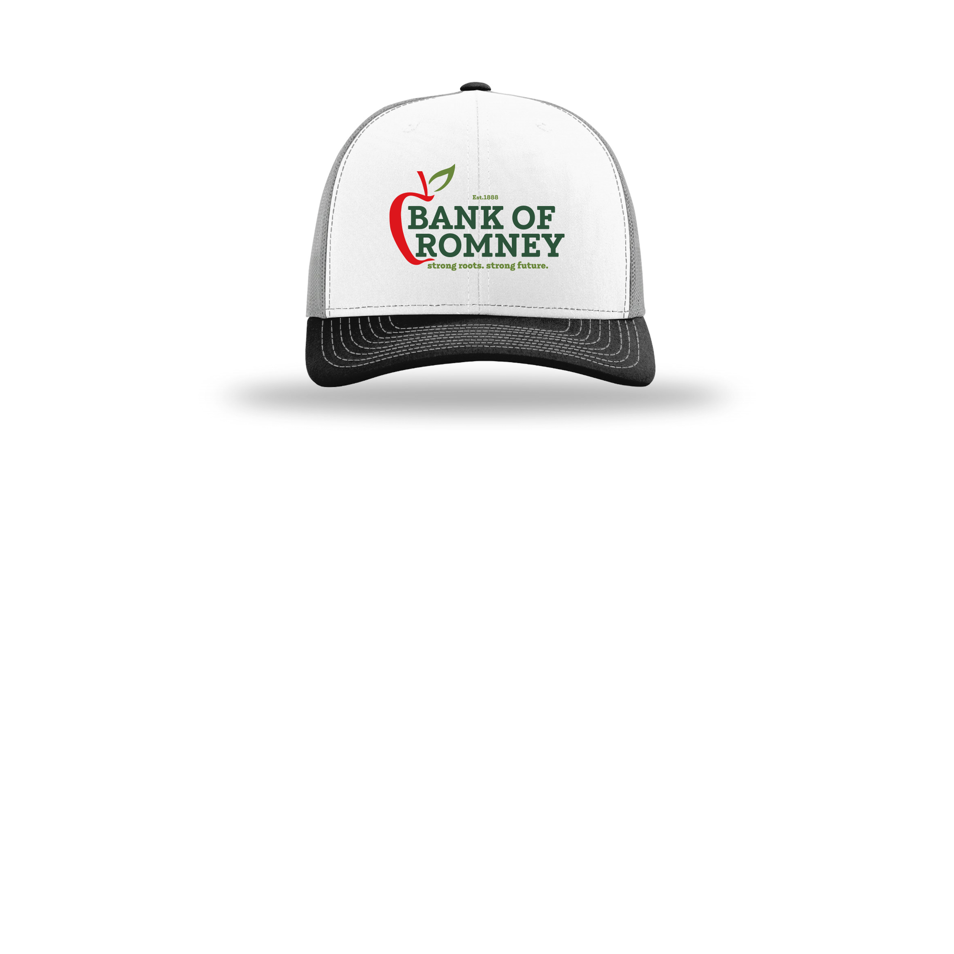 bankofromney-richardson-trucker-cap-embroidery-capfront-R112-whitealuminumblack-flat-front