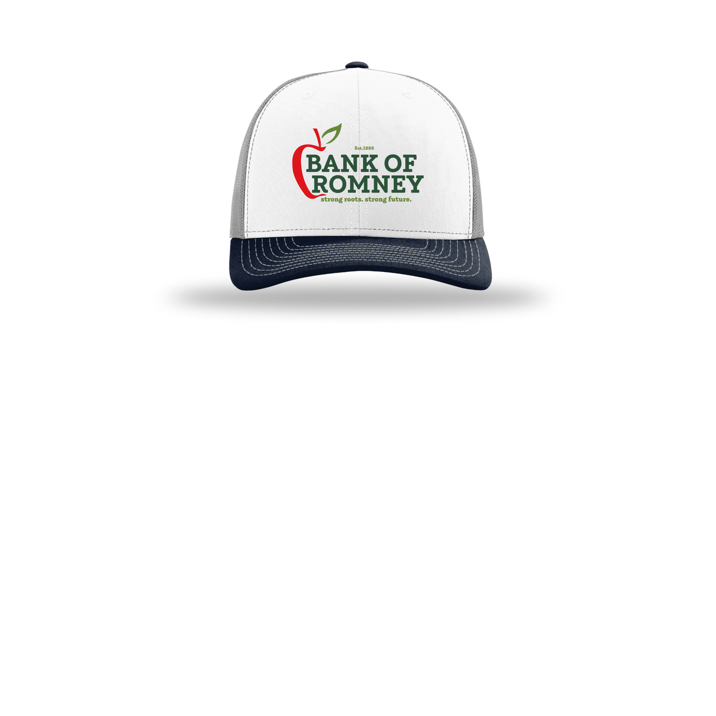 bankofromney-richardson-trucker-cap-embroidery-capfront-R112-whitealuminumnavy-flat-front