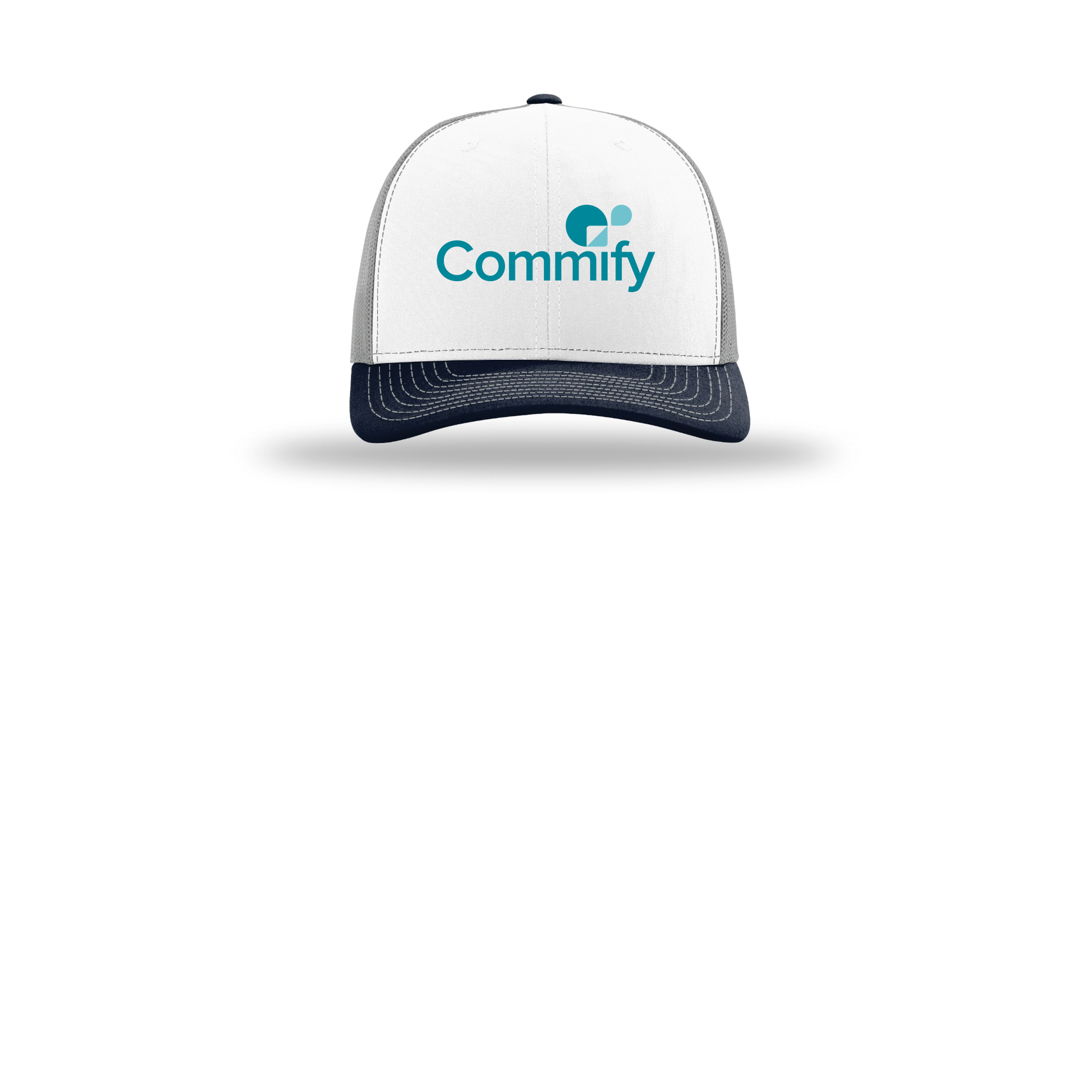 commify-richardson-trucker-cap-embroidery-capfront-R112-whitealuminumnavy-flat-front