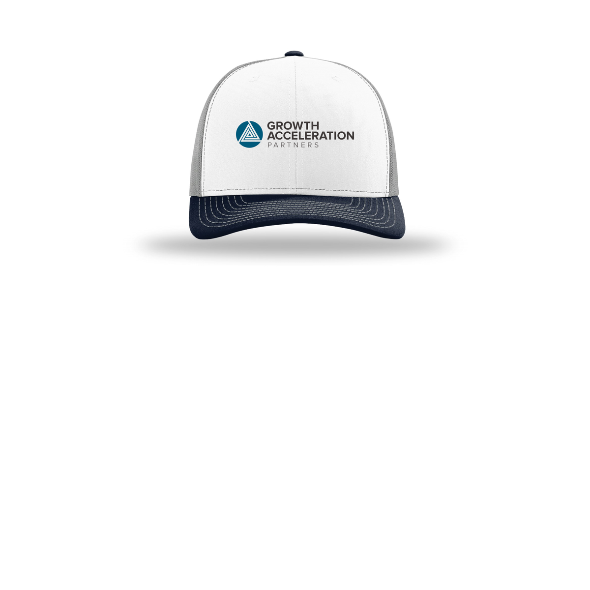 growthaccelerationpartners-richardson-trucker-cap-embroidery-capfront-R112-whitealuminumnavy-flat-front