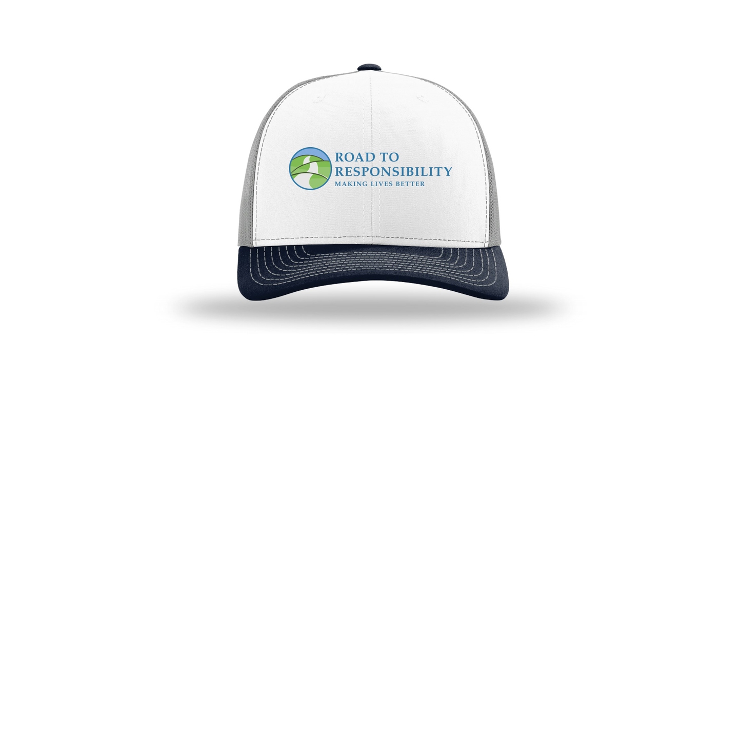 roadtoresponsibility-richardson-trucker-cap-embroidery-capfront-R112-whitealuminumnavy-flat-front