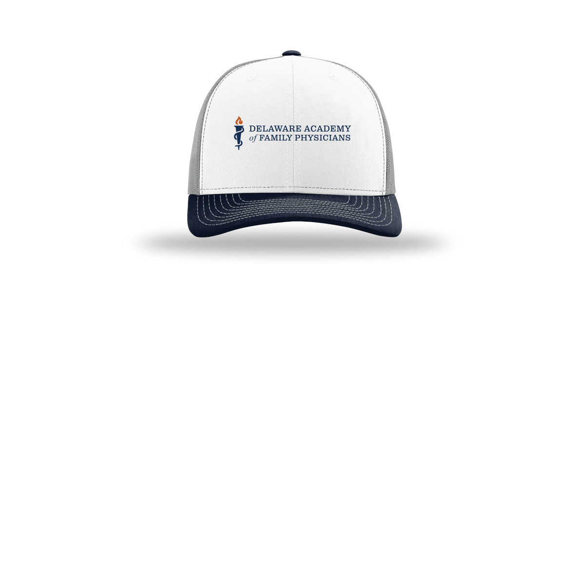 delfamdoc-richardson-trucker-cap-embroidery-capfront-R112-whitealuminumnavy-flat-front