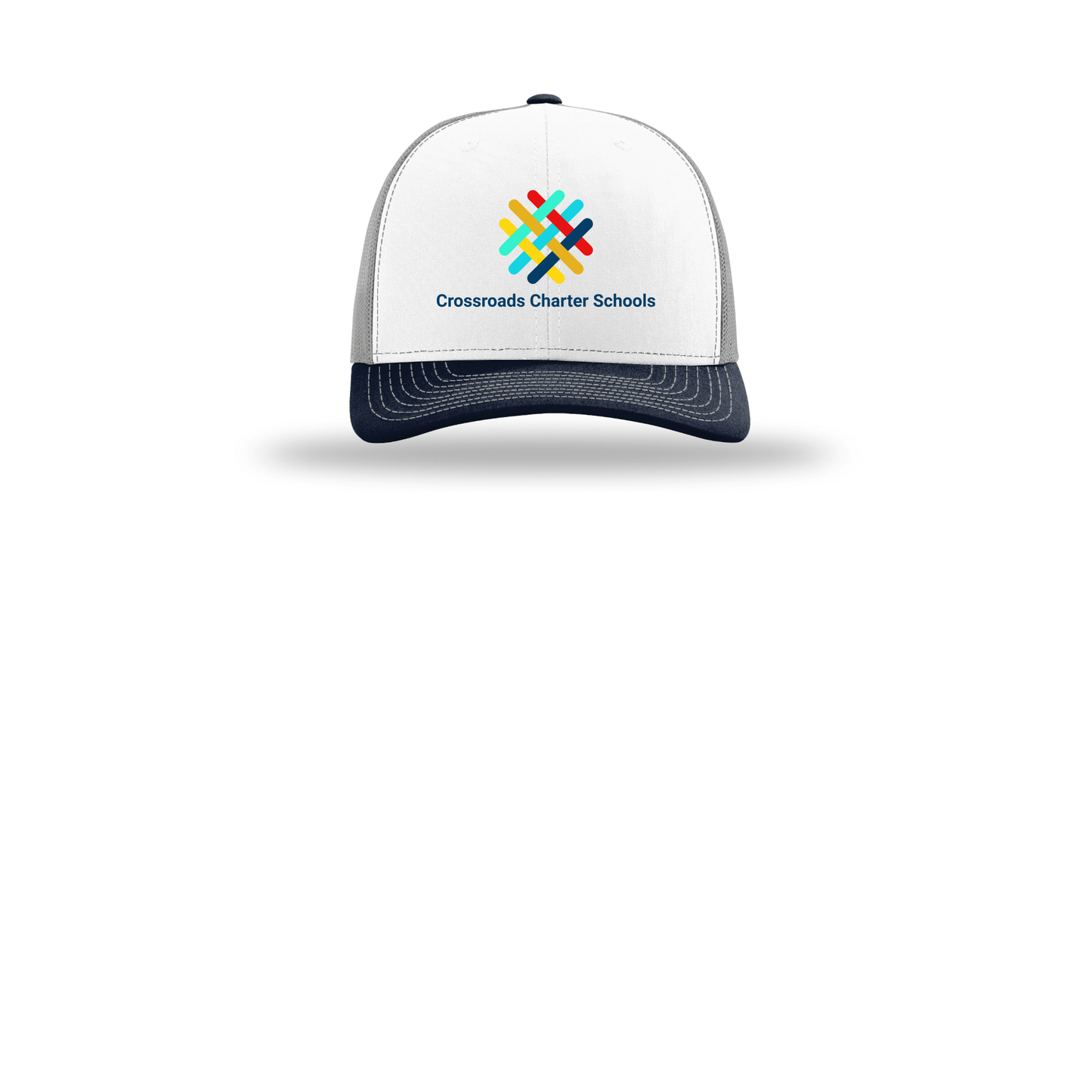 crossroadsschoolskc-richardson-trucker-cap-embroidery-capfront-R112-whitealuminumnavy-flat-front