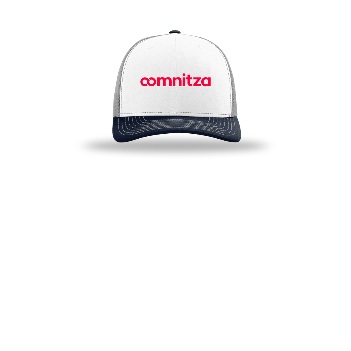 oomnitza-richardson-trucker-cap-embroidery-capfront-R112-whitealuminumnavy-flat-front