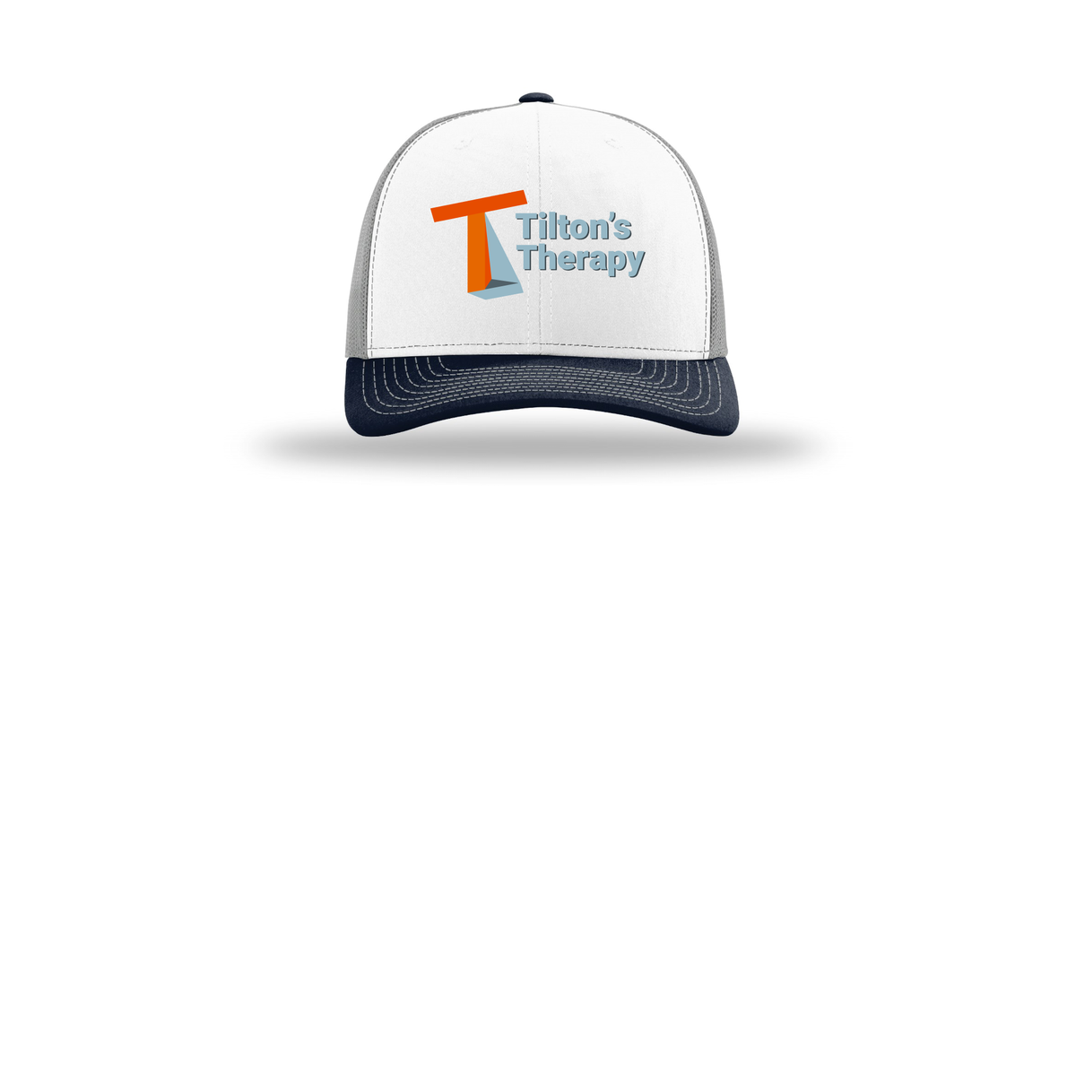 tiltonstherapy-richardson-trucker-cap-embroidery-capfront-R112-whitealuminumnavy-flat-front