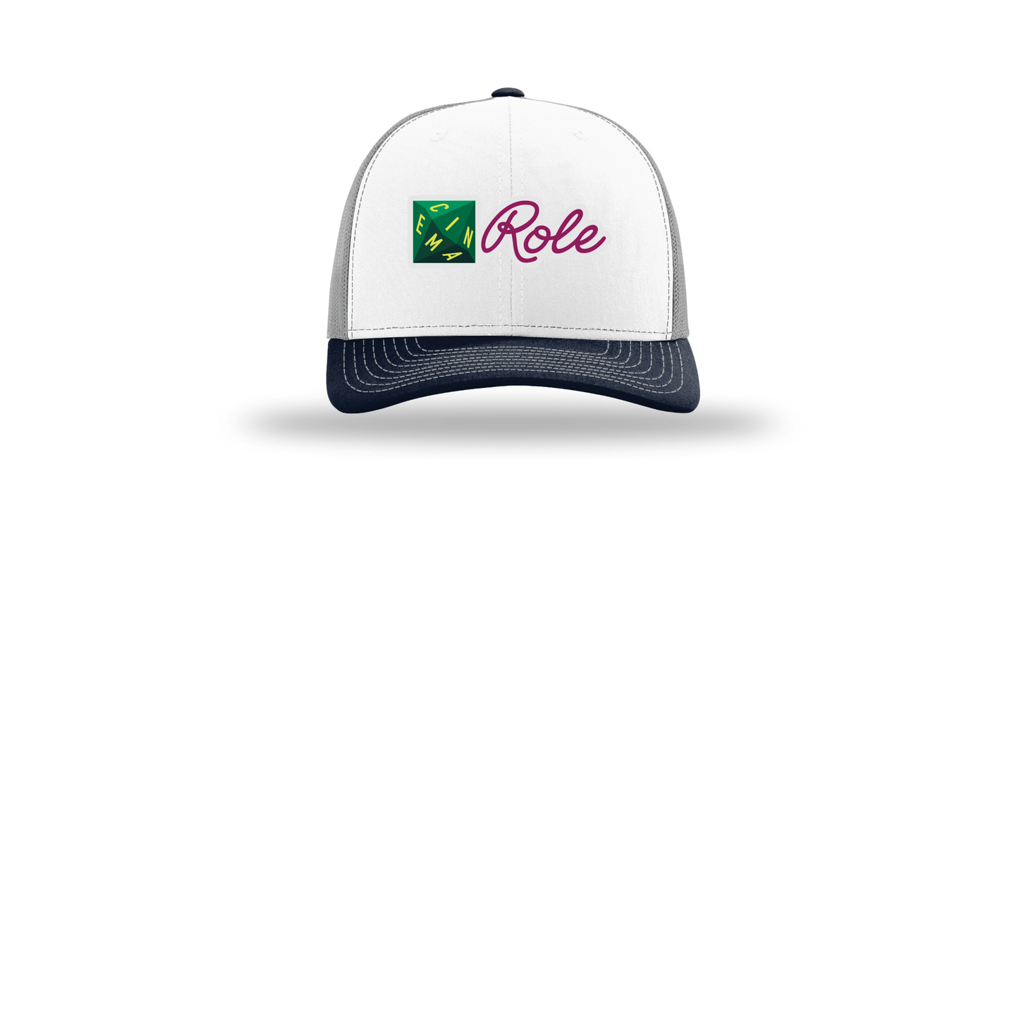 cinemarole-richardson-trucker-cap-embroidery-capfront-R112-whitealuminumnavy-flat-front