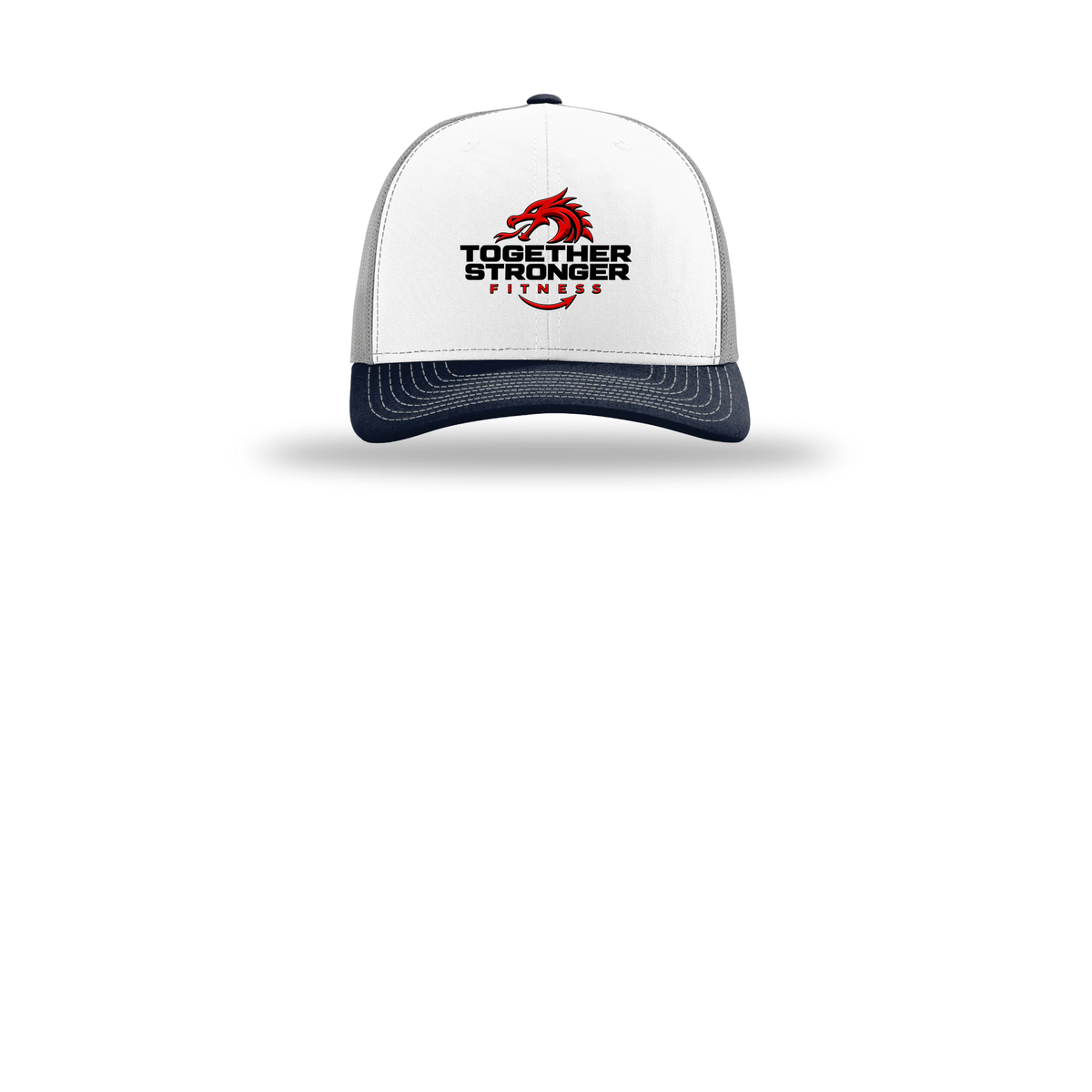 togetherstrongerfitness-richardson-trucker-cap-embroidery-capfront-R112-whitealuminumnavy-flat-front