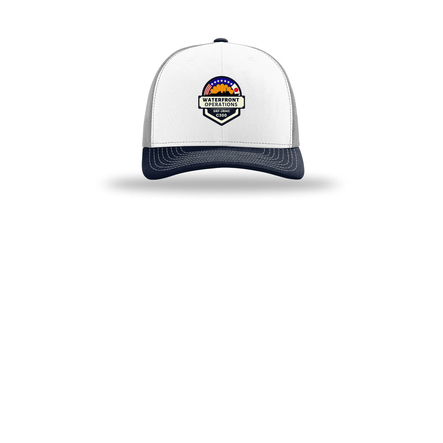 waterfront-operations-retro-trucker-cap-embroidery-capfront-R112-whitealuminumnavy-flat-front