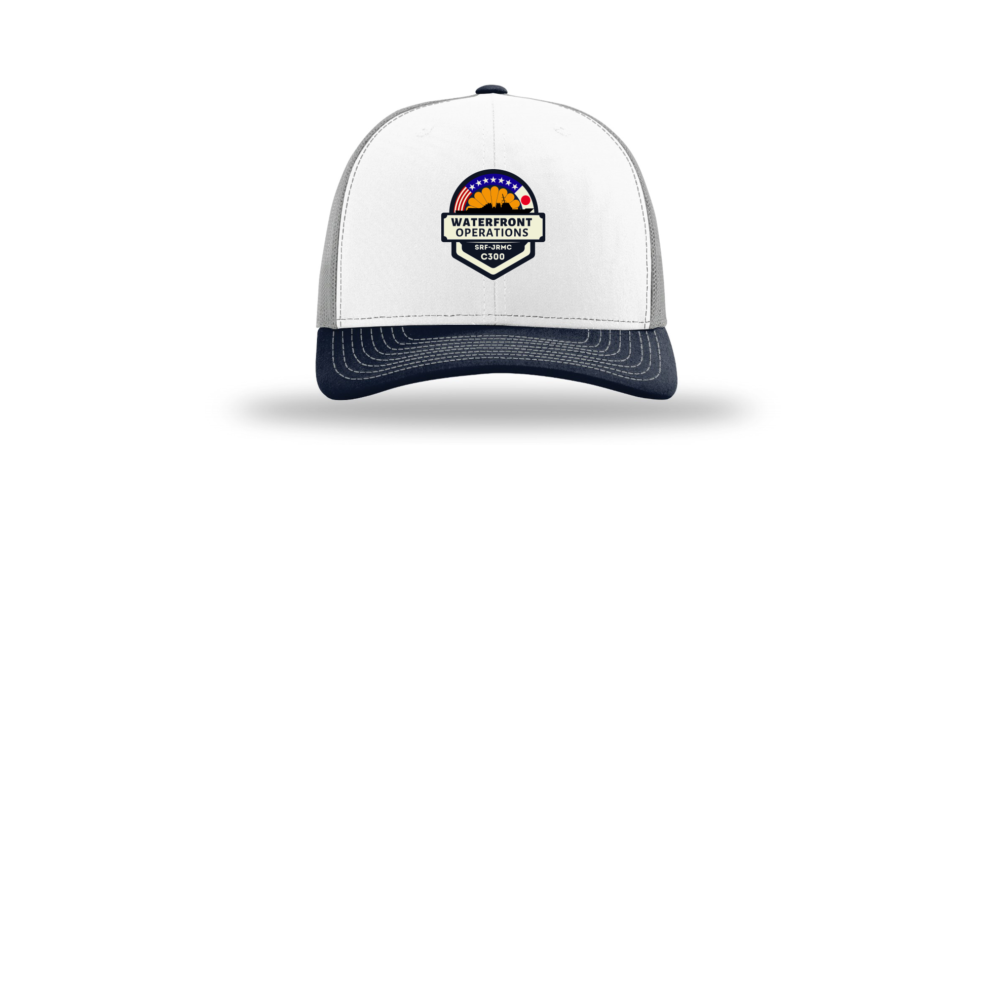 waterfront-operations-retro-trucker-cap-embroidery-capfront-R112-whitealuminumnavy-flat-front