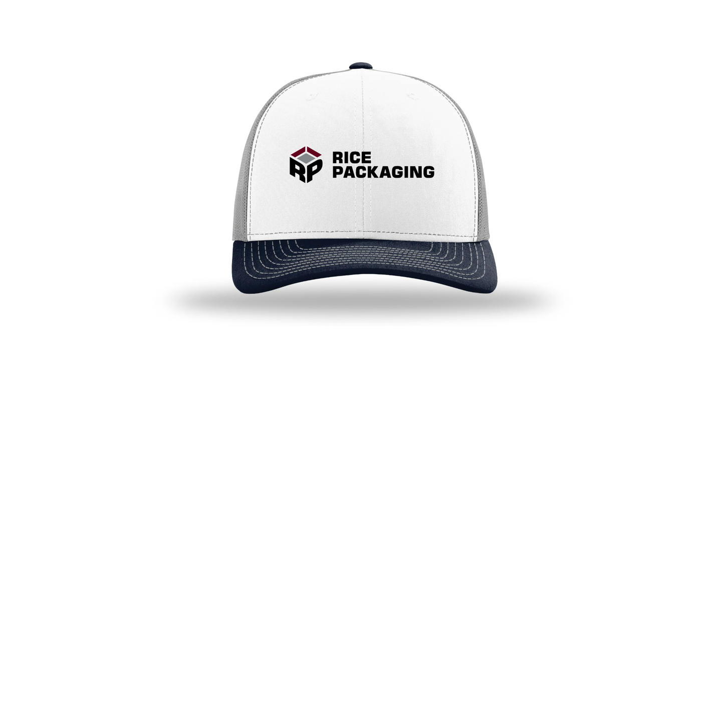 ricepackaging-richardson-trucker-cap-embroidery-capfront-R112-whitealuminumnavy-flat-front