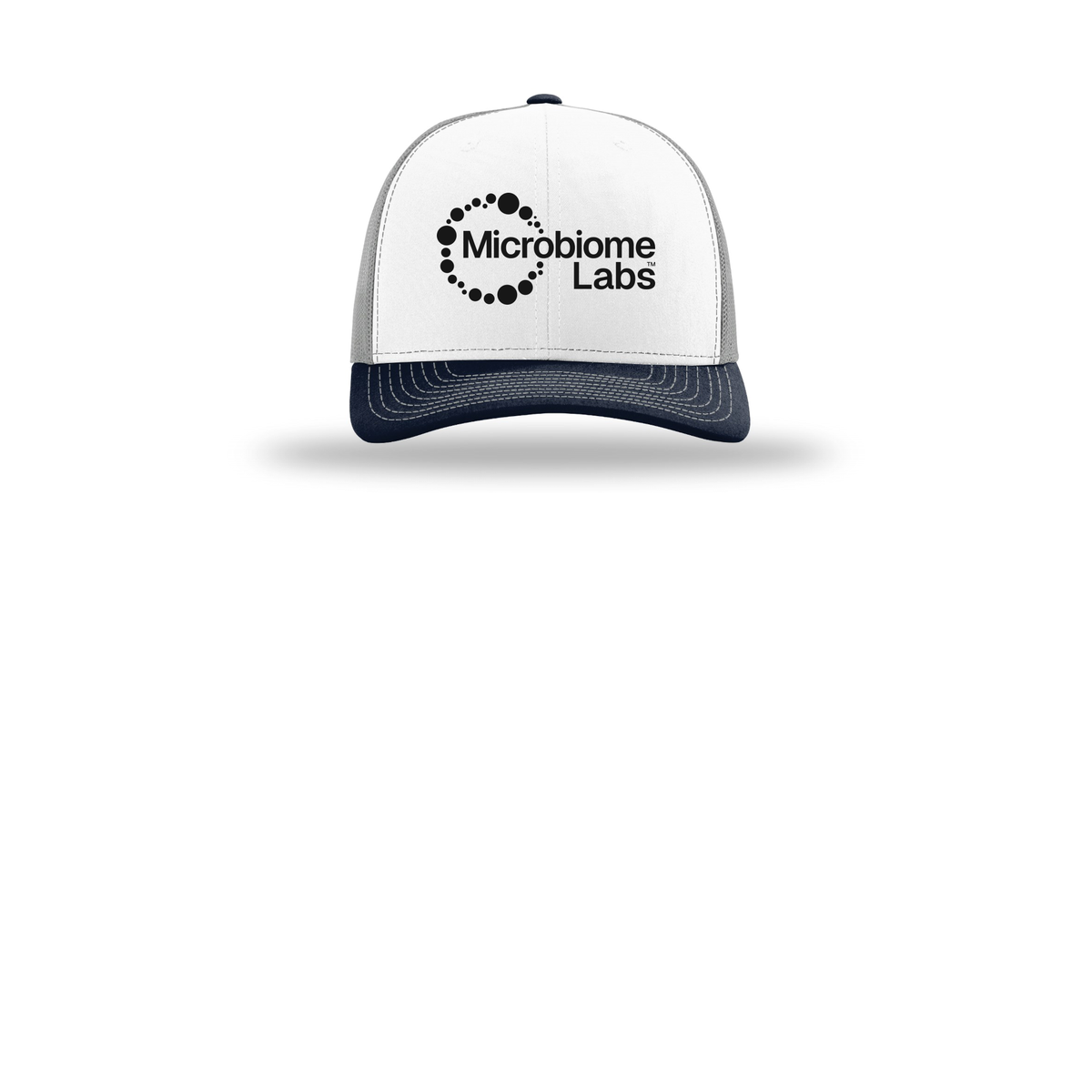 microbiomelabs-richardson-trucker-cap-embroidery-capfront-R112-whitealuminumnavy-flat-front