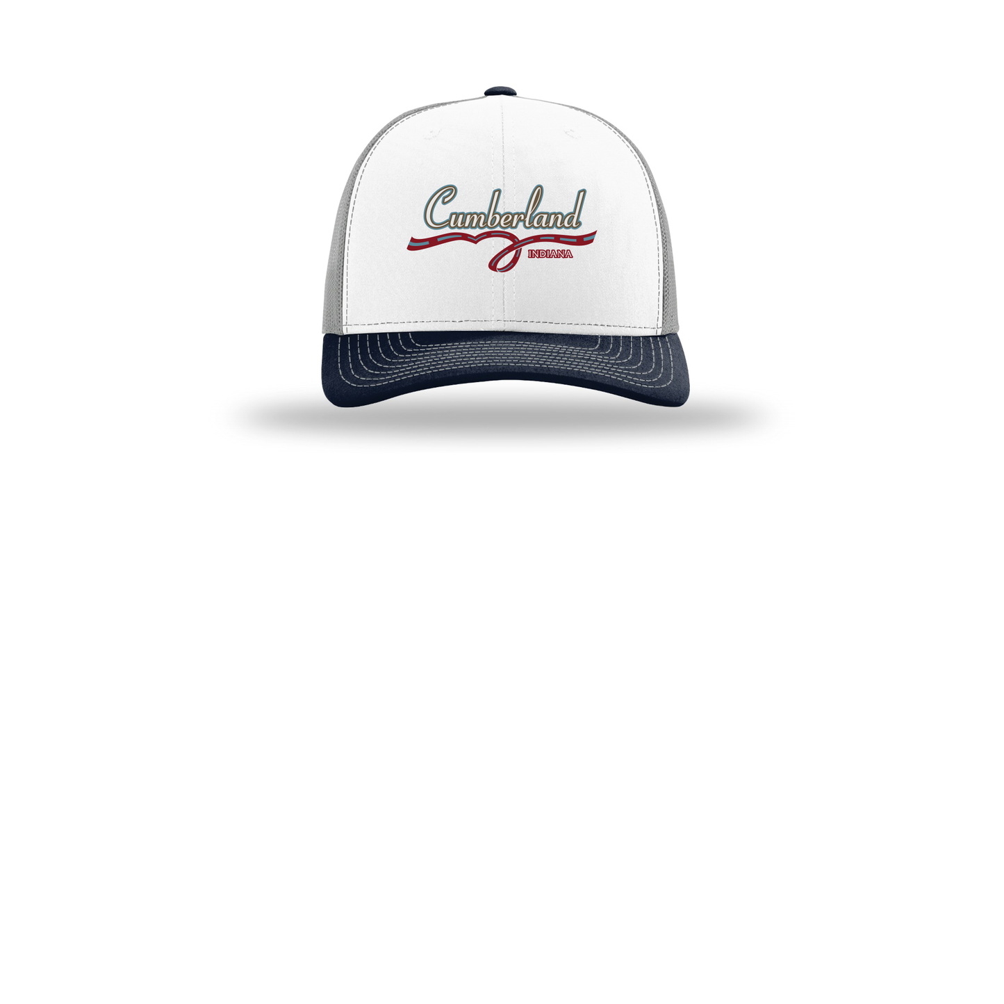 cumberland-richardson-trucker-cap-embroidery-capfront-R112-whitealuminumnavy-flat-front