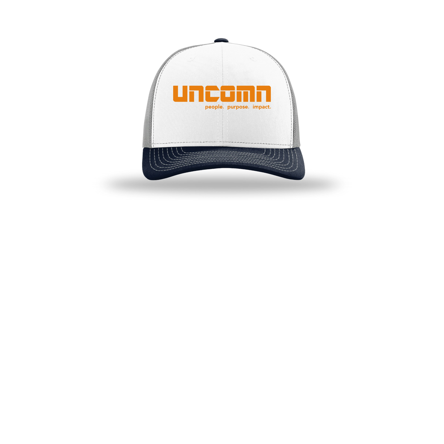 uncomn-richardson-trucker-cap-embroidery-capfront-R112-whitealuminumnavy-flat-front