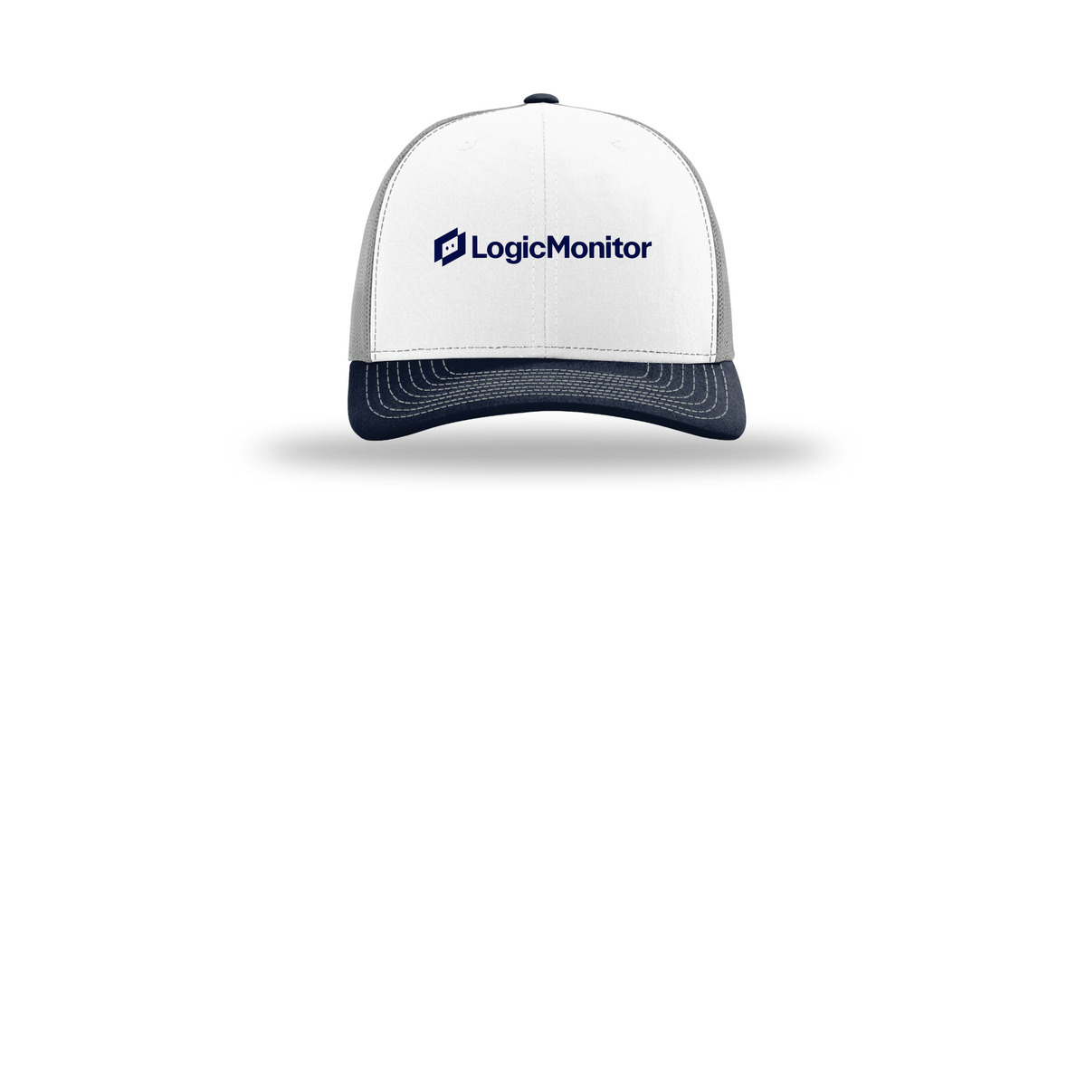 logicmonitor-richardson-trucker-cap-embroidery-capfront-R112-whitealuminumnavy-flat-front