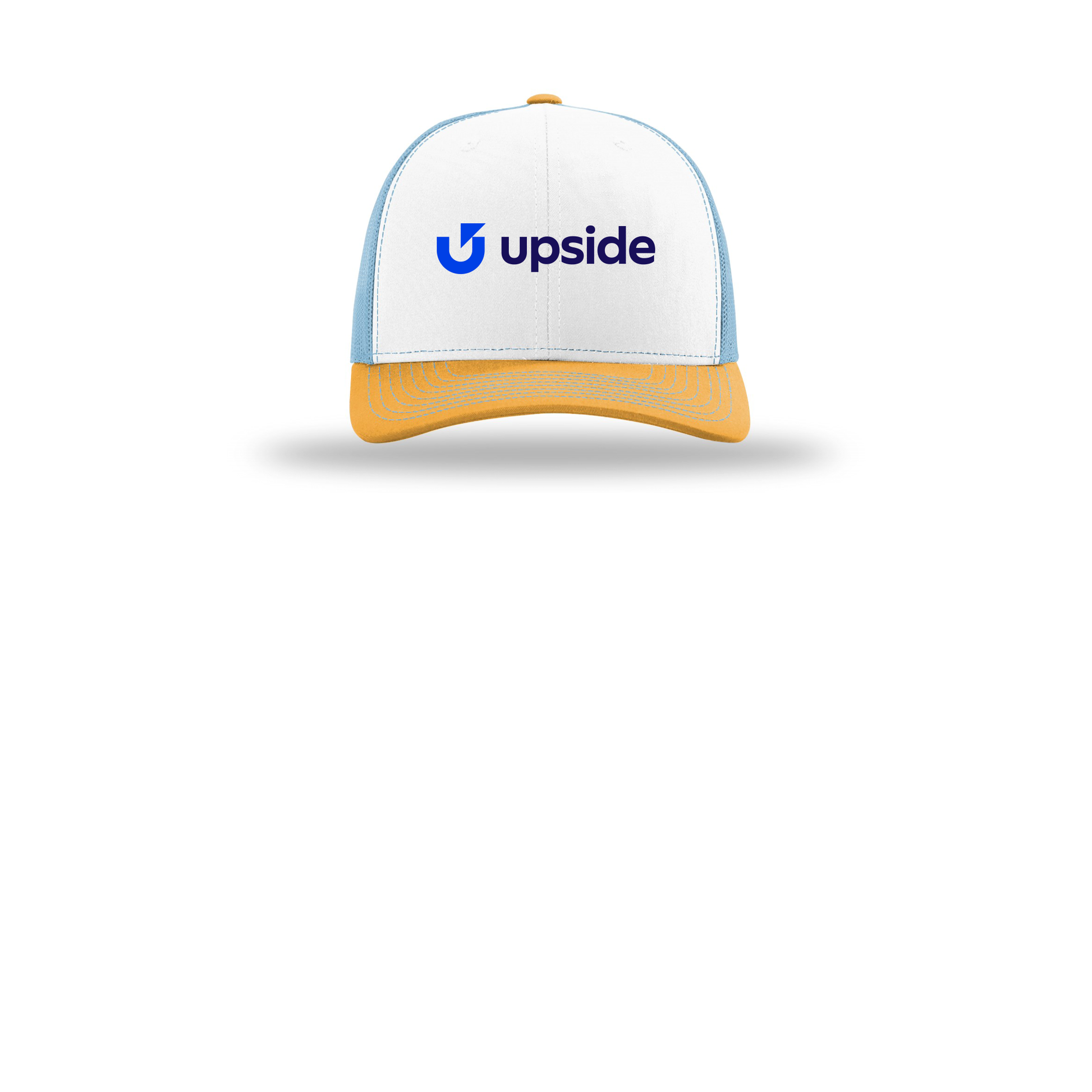 upside-richardson-trucker-cap-embroidery-capfront-R112-whitecolumbiablueyellow-flat-front