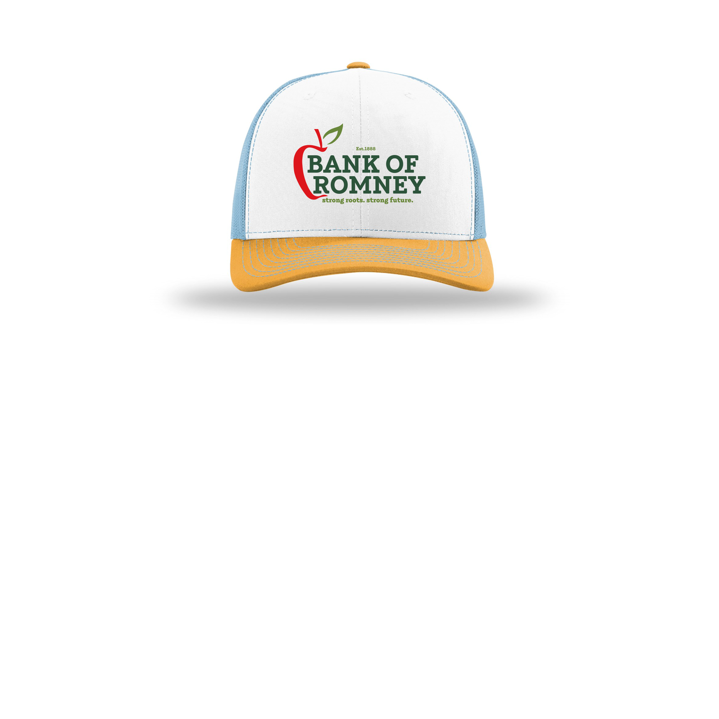 bankofromney-richardson-trucker-cap-embroidery-capfront-R112-whitecolumbiablueyellow-flat-front