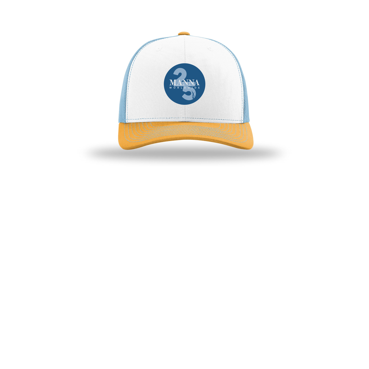 mannaworldwide-richardson-trucker-cap-embroidery-capfront-R112-whitecolumbiablueyellow-flat-front